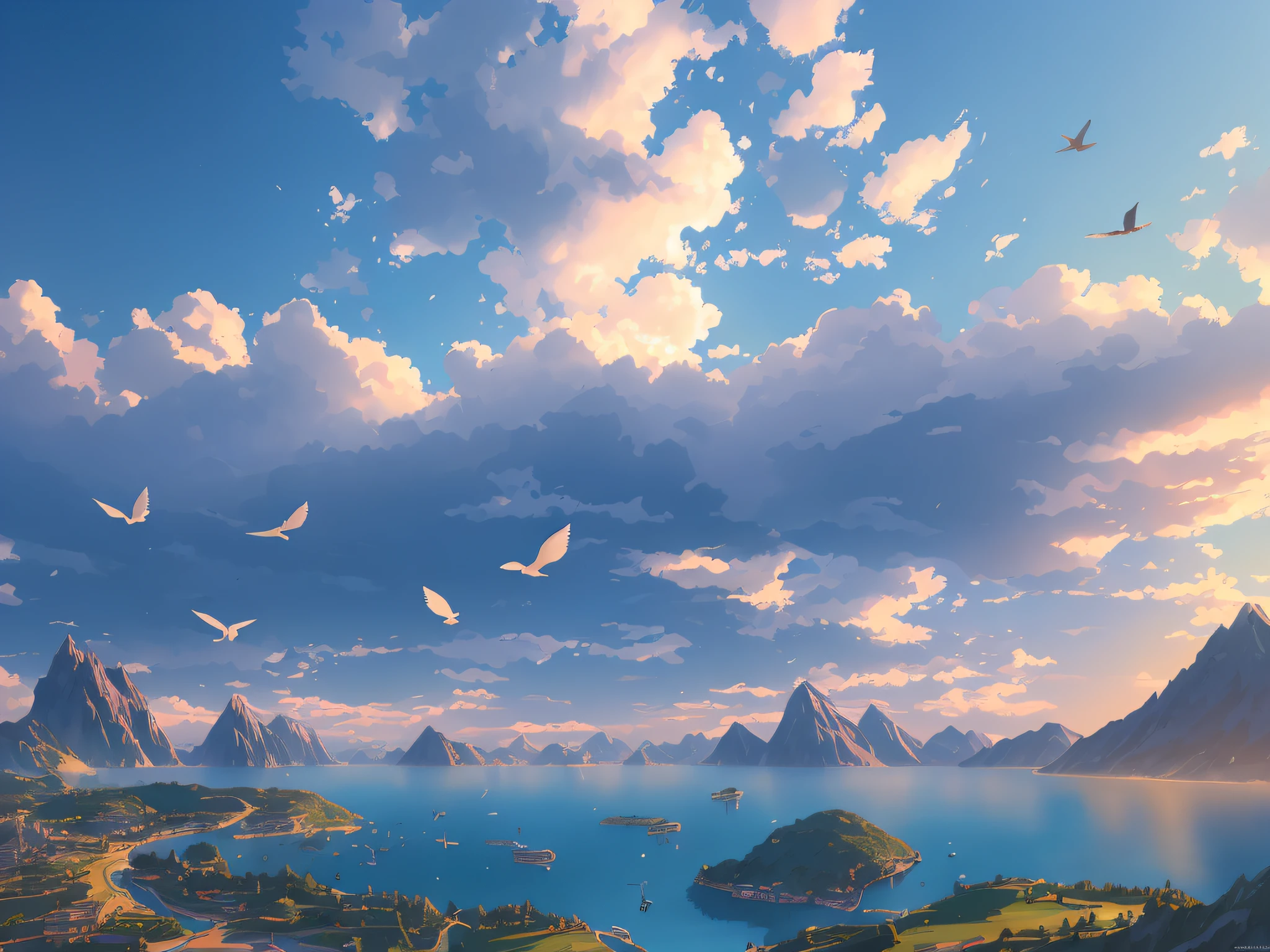 there are many birds flying over a lake and mountains, detailed scenery —width 672, anime landscape wallpaper, ross tran. scenic background, beautiful anime scenery, wlop and rhads, anime landscape, 4k highly detailed digital art, anime scenery, anime beautiful peace scene, beautiful art uhd 4 k, beautiful anime scene, illustration matte painting