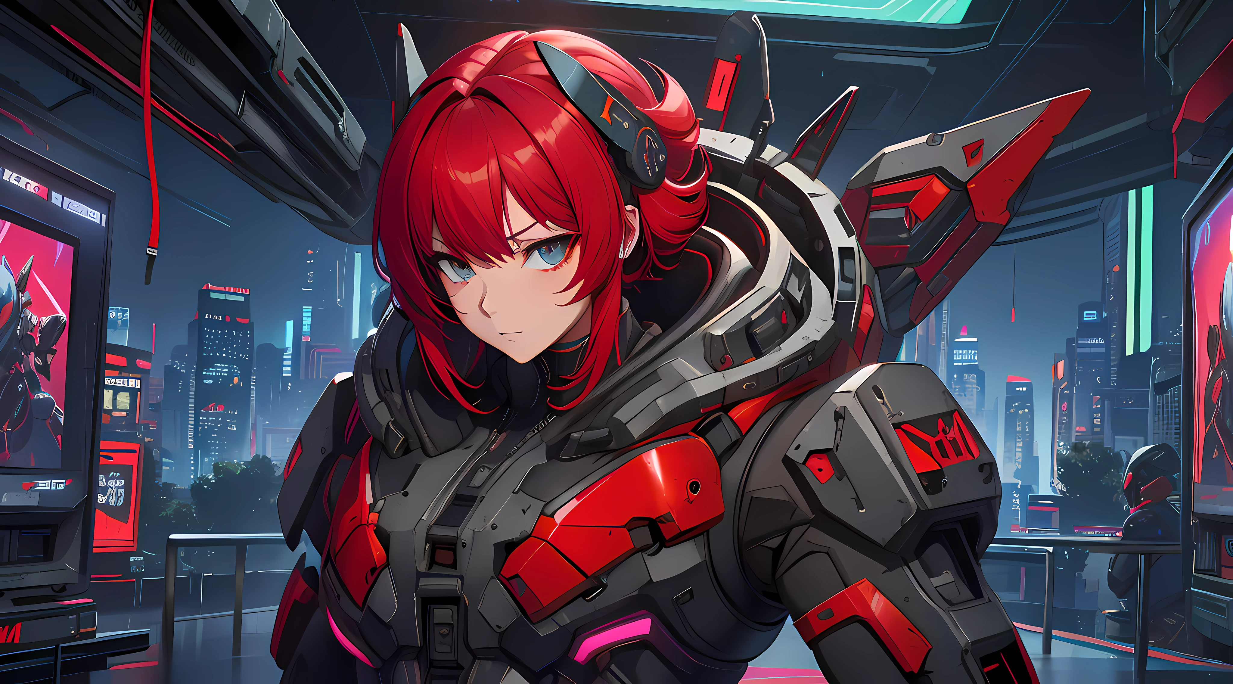 a close up of a person with red hair and a helmet, cyberpunk anime girl mech, digital cyberpunk anime art, female cyberpunk anime girl, cyberpunk anime girl in hoodie, anime cyberpunk art, girl in mecha cyber armor, cyberpunk anime art, cyberpunk anime girl, redhead female cyberpunk, modern cyberpunk anime, cyber noir, neon scales and cyborg tech, anime cyberpunk,shine metal,sharp focus,raytracing