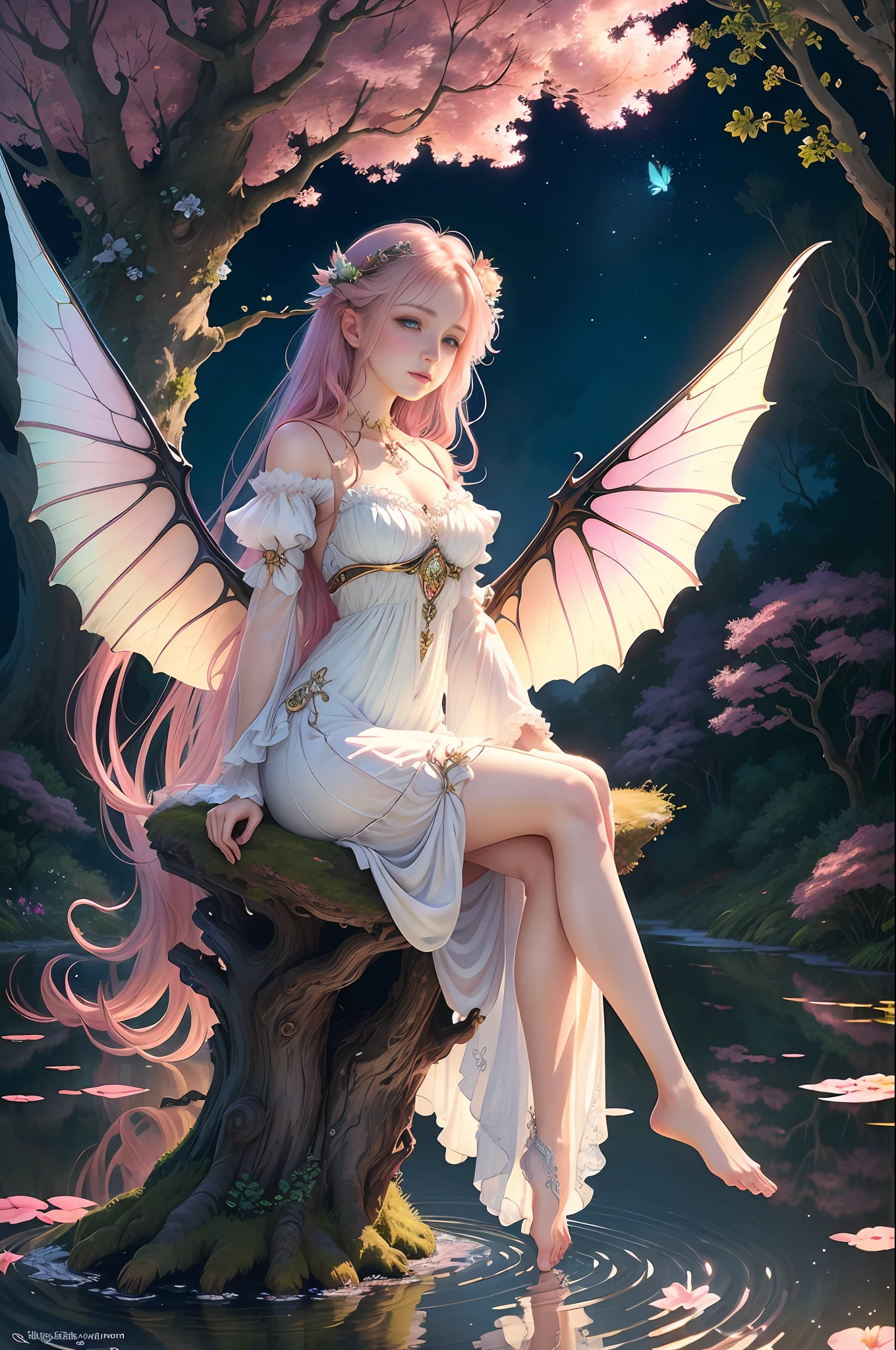 ((best quality)), ((masterpiece)), (detailed), ethereal beauty, perched on a pink blossom tree, (fantasy illustration:1.3), enchanting gaze, captivating pose, solo girl, delicate butterfly wings, otherworldly charm, mystical sky, (Luis Royo:1.2), (Yoshitaka Amano:1.1), moonlit night, soft colors, (detailed cloudscape:1.3), (high-resolution:1.2) (dragon flying in the sky) long white dress, legs dangling above pond, long victorian dress,