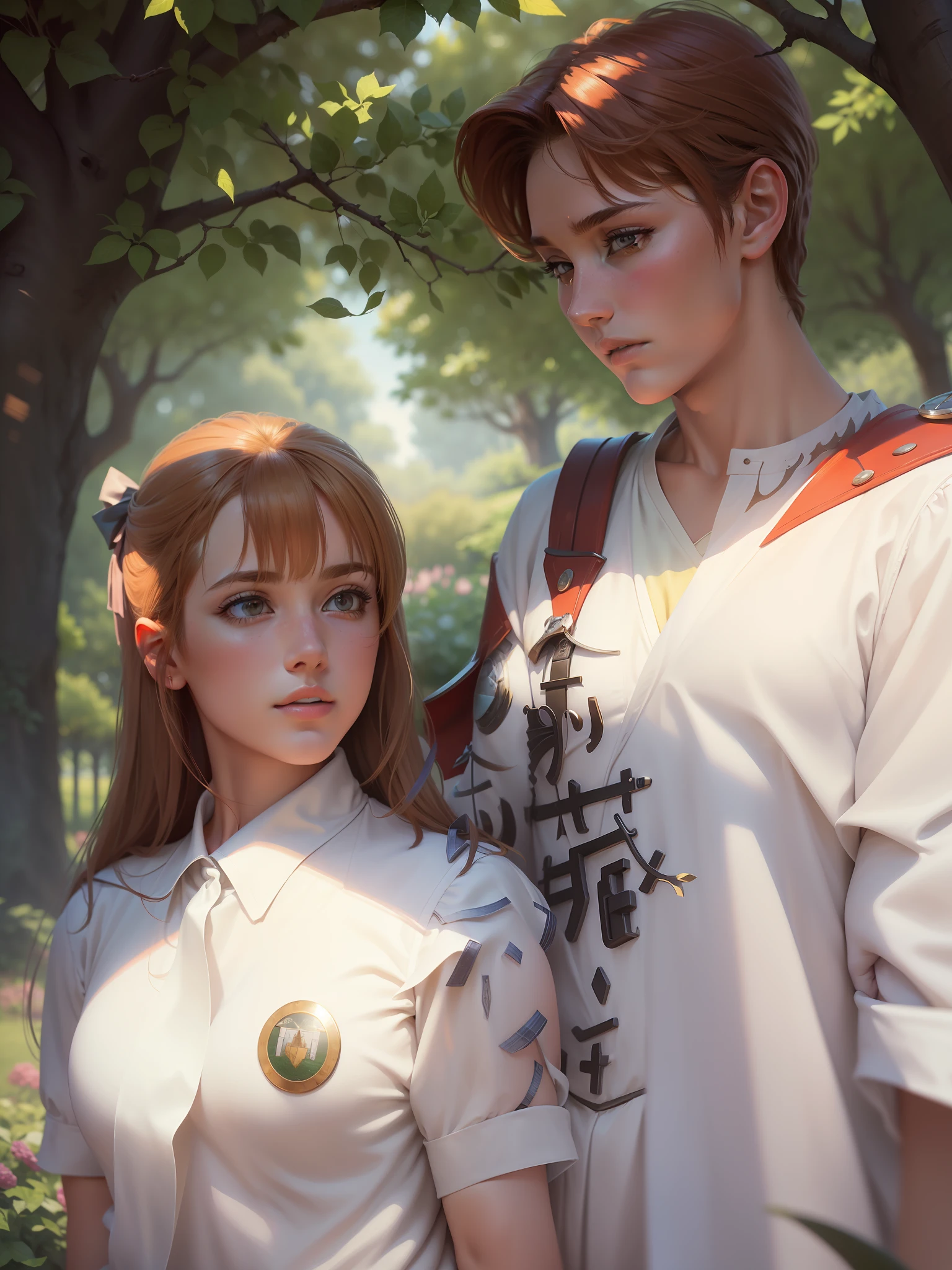 (8k wallpaper, masterpiece, best quality, high detail, super realistic), (better lighting, very gentle and beautiful, big side), boys on top, girls on bottom, sweet atmosphere, dynamic angle, garden background, tree shadow, campus, movie lighting --auto --s2