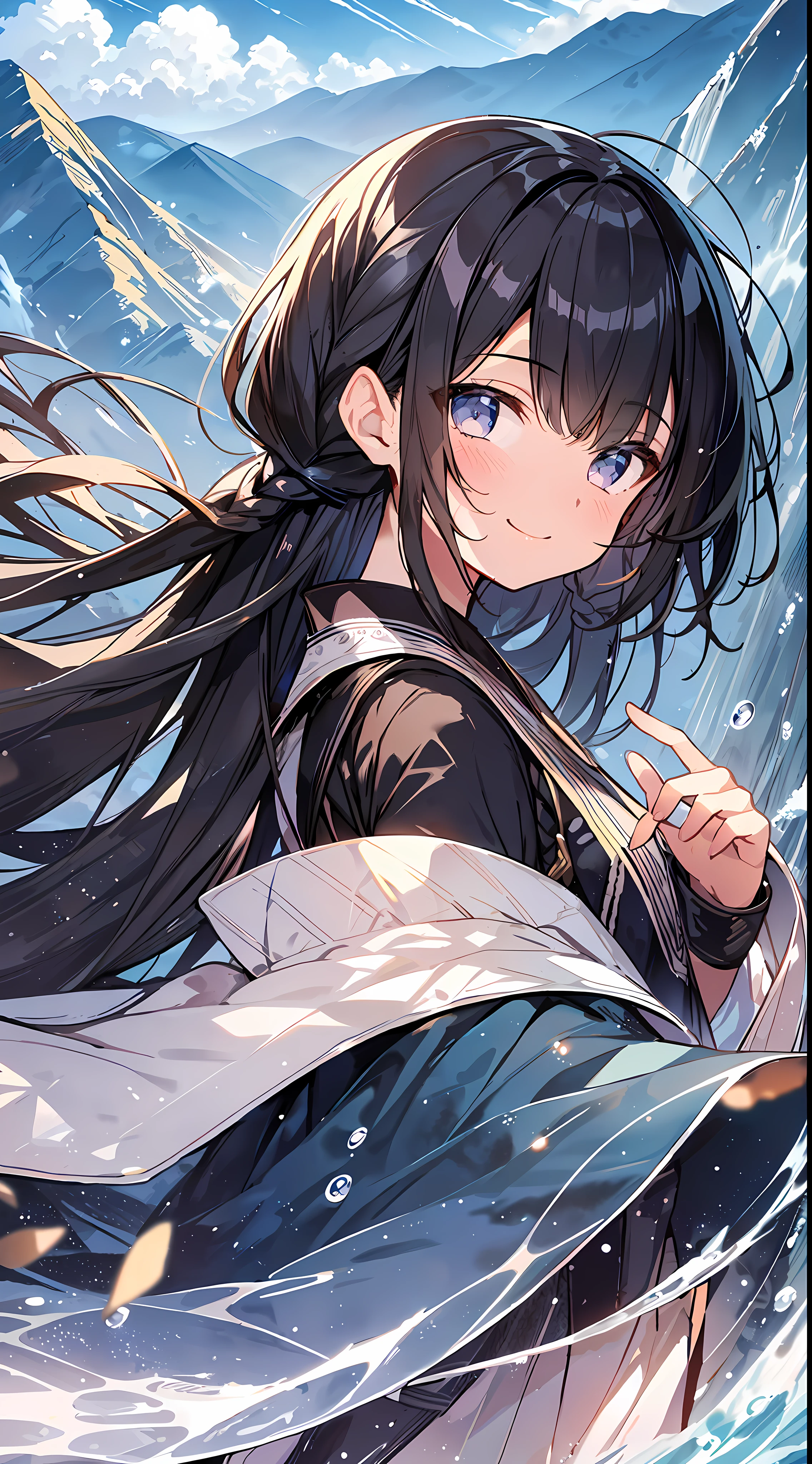 Top Quality, Masterpiece, Ultra High Definition, 8K, Summer Sky, Early Summer, (Flared Skirt, Poncho, Cape), Shojo Manga Style Loli, One, Soft Line Art, Digital Enhancement, Shojo Manga Touch, Shojo Manga Core, Flowing Fabric, Close Up, (Hair length to the shoulders and short braids)), Wet hair, Soft drawing, Beautiful black hair, Clear eyes, ((Teasing smile)), Ultra-detailed digital anime art, clear face depiction, ultra-detailed shoujo manga character art, clear facial features, ultra-detailed manga style, top quality colors, hand gestures, mountain landscape, looking up at the sky, angle that can be seen up to the feet