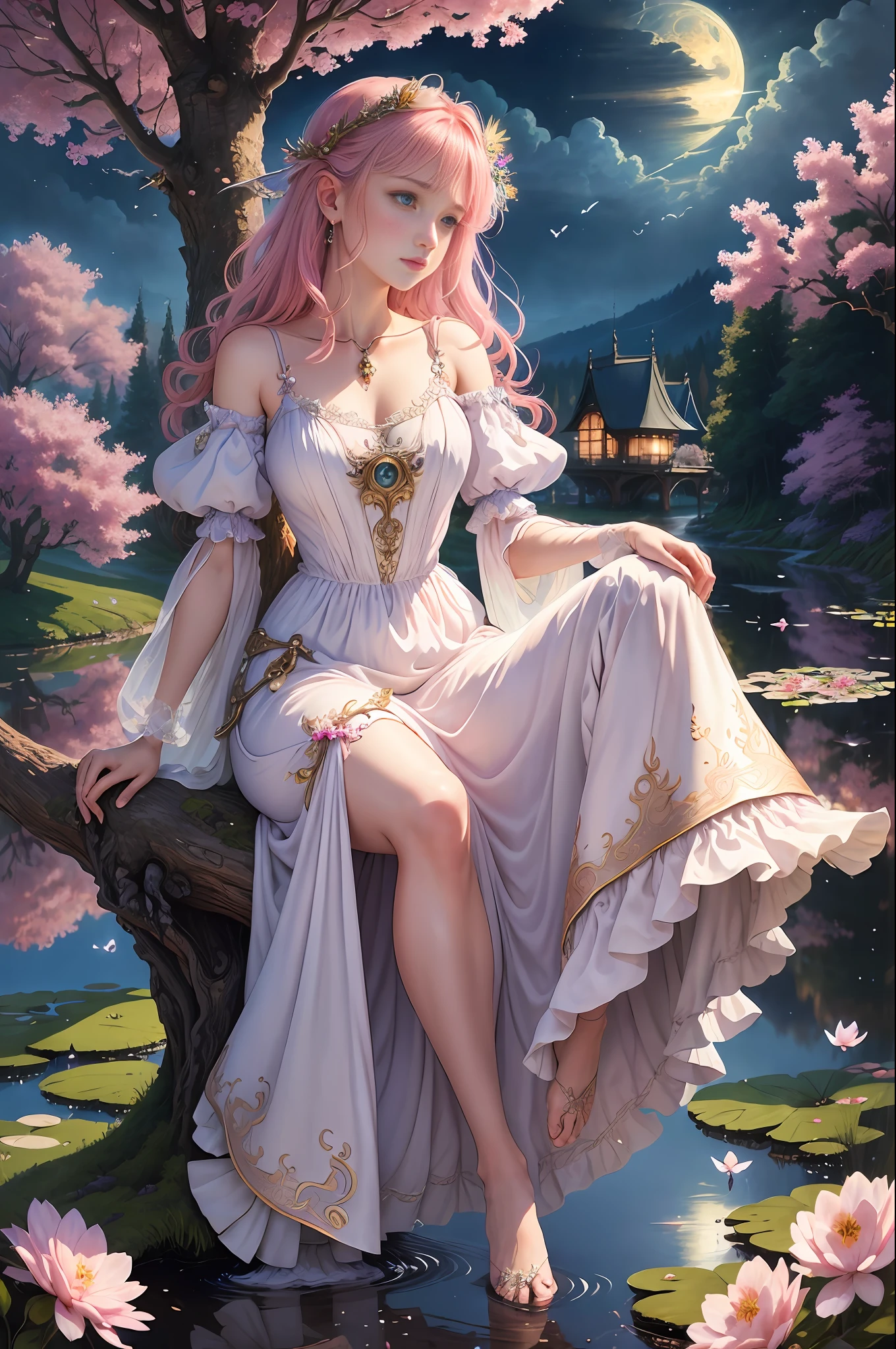 ((best quality)), ((masterpiece)), (detailed), ethereal beauty, perched on a pink blossom tree, (fantasy illustration:1.3), enchanting gaze, captivating pose, solo girl, delicate butterfly wings, otherworldly charm, mystical sky, (Luis Royo:1.2), (Yoshitaka Amano:1.1), moonlit night, soft colors, (detailed cloudscape:1.3), (high-resolution:1.2) (dragon flying in the sky) long white dress, legs dangling above pond, long victorian dress,