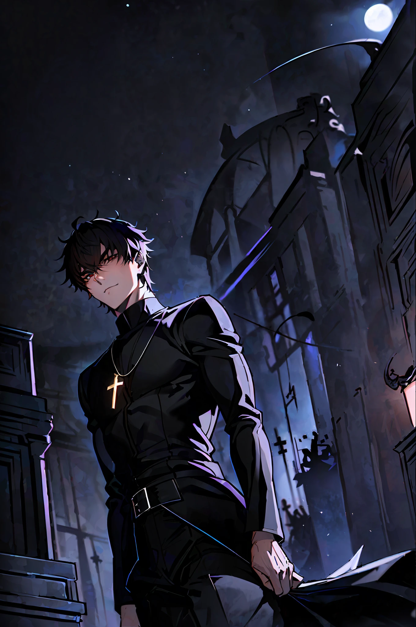 masterpiece, best quality, detailed, 1boy, male focus
alley, dark, night, full moon, from below, 
 kotomine kirei, black shirt, black pants, cross necklace, ((command spell hand)), short hair, long sleeves, black demonic face shadow behind him, evil