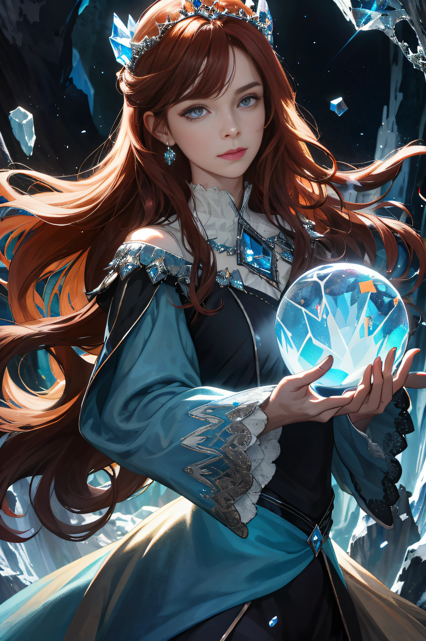 (absurdres, highres, ultra detailed), 1woman, mature female, aged up, wavy long hair, auburn hair, coral eyes, bangs, long sleeves, finely detailed eyes and detailed face, extremely detailed CG unity 8k wallpaper, intricate details, (style-swirlmagic:1.0), looking at viewer, solo, upper body, detailed background, close up, detailed face, (gothic dark ages theme:1.1), crystal sorcerer, dynamic pose, earth themed clothes, crystal crown, floating in the air, glowing magical shards, surrounded by blue magical crystals, rock formations, stalactites, magical floating particles, crystal glass, crystal sphere, crystal canyon background, (shallow water:0.7), epic ethereal atmosphere, updraft,, portrait