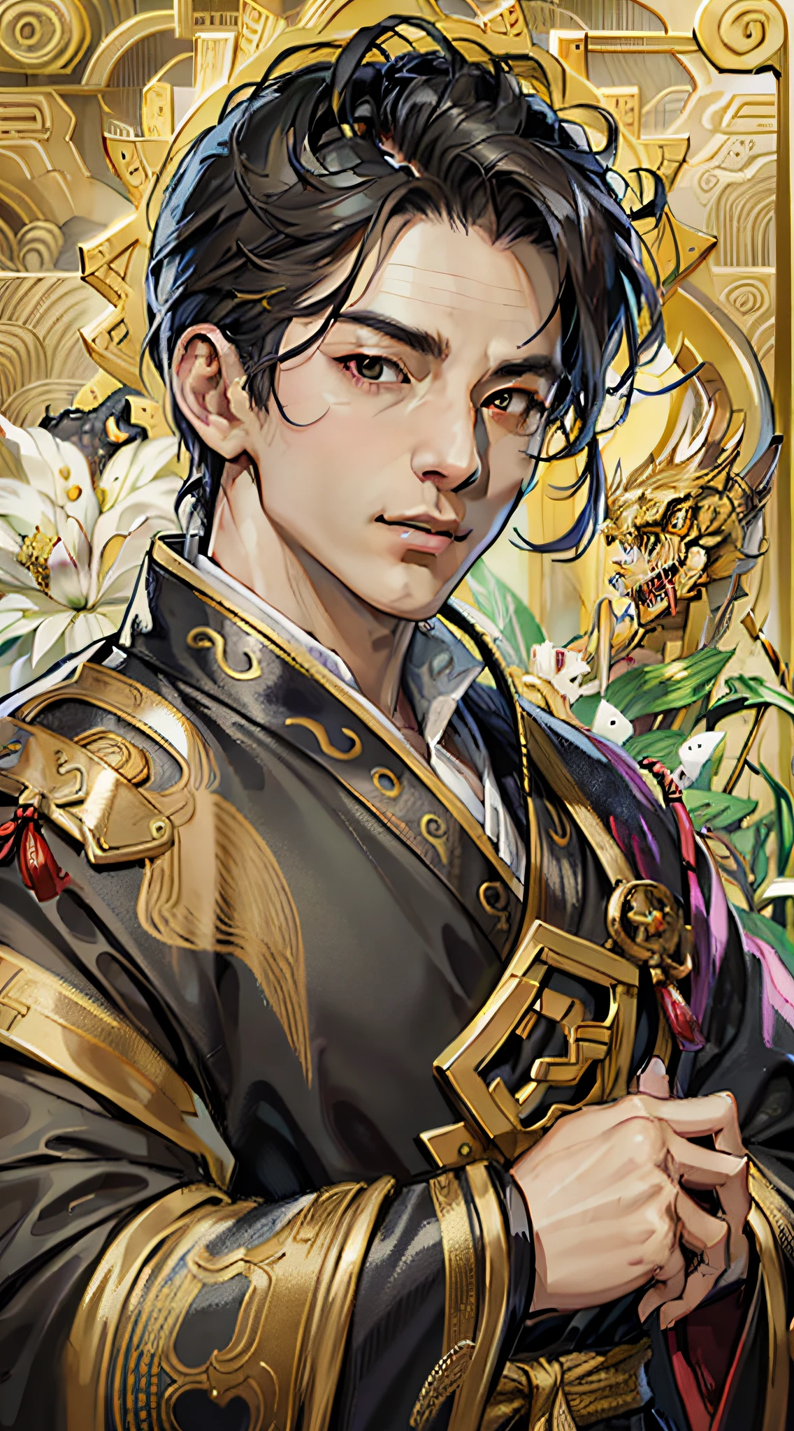 Masterpiece, super-detailed, semi-realistic, detailed facial features, Han Dynasty emperor, 1boy, black eyes, wearing yellow dragon robe luxurious, sideways