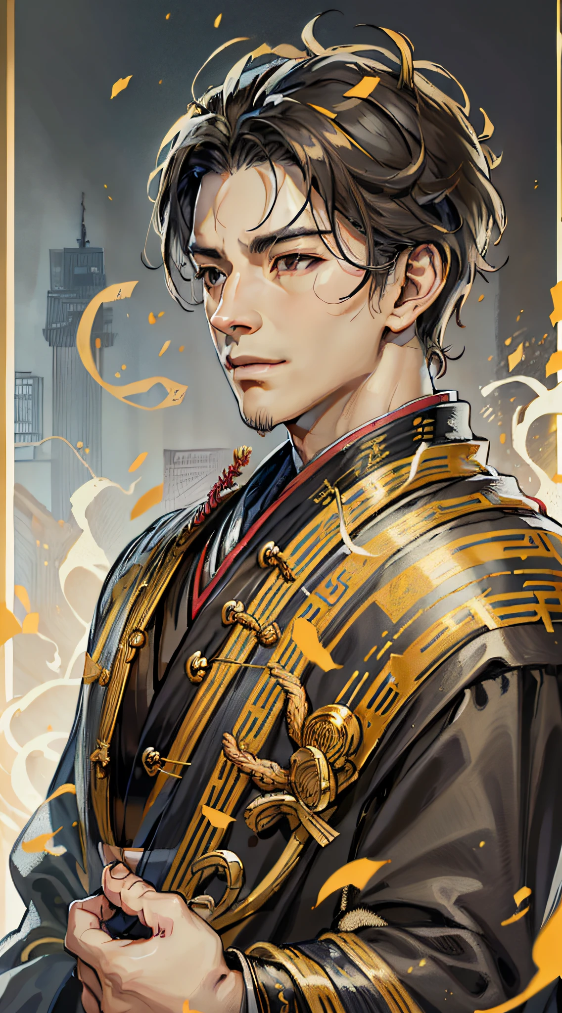 Masterpiece, super-detailed, semi-realistic, detailed facial features, Han Dynasty emperor, 1boy, black eyes, wearing yellow dragon robe luxurious, sideways