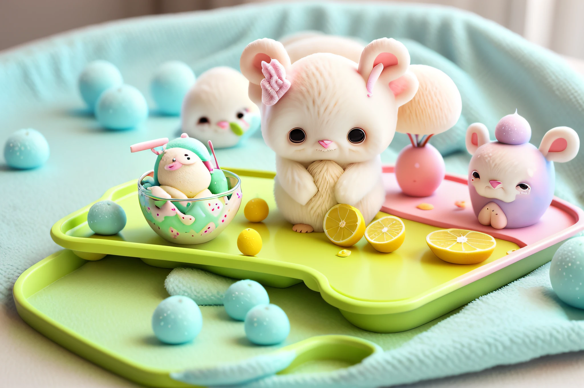 there is a tray with a toy ice cream and a spoon, icey, pastel cute slime, ice cream, 🍸🍋, (((luke chueh))), by Yanagawa Nobusada, ice, 🐿🍸🍋, kawaii colors, kawaii aesthetic, made of ice, icy, by Rei Kamoi, pastel colourful 3 d, cute digital art