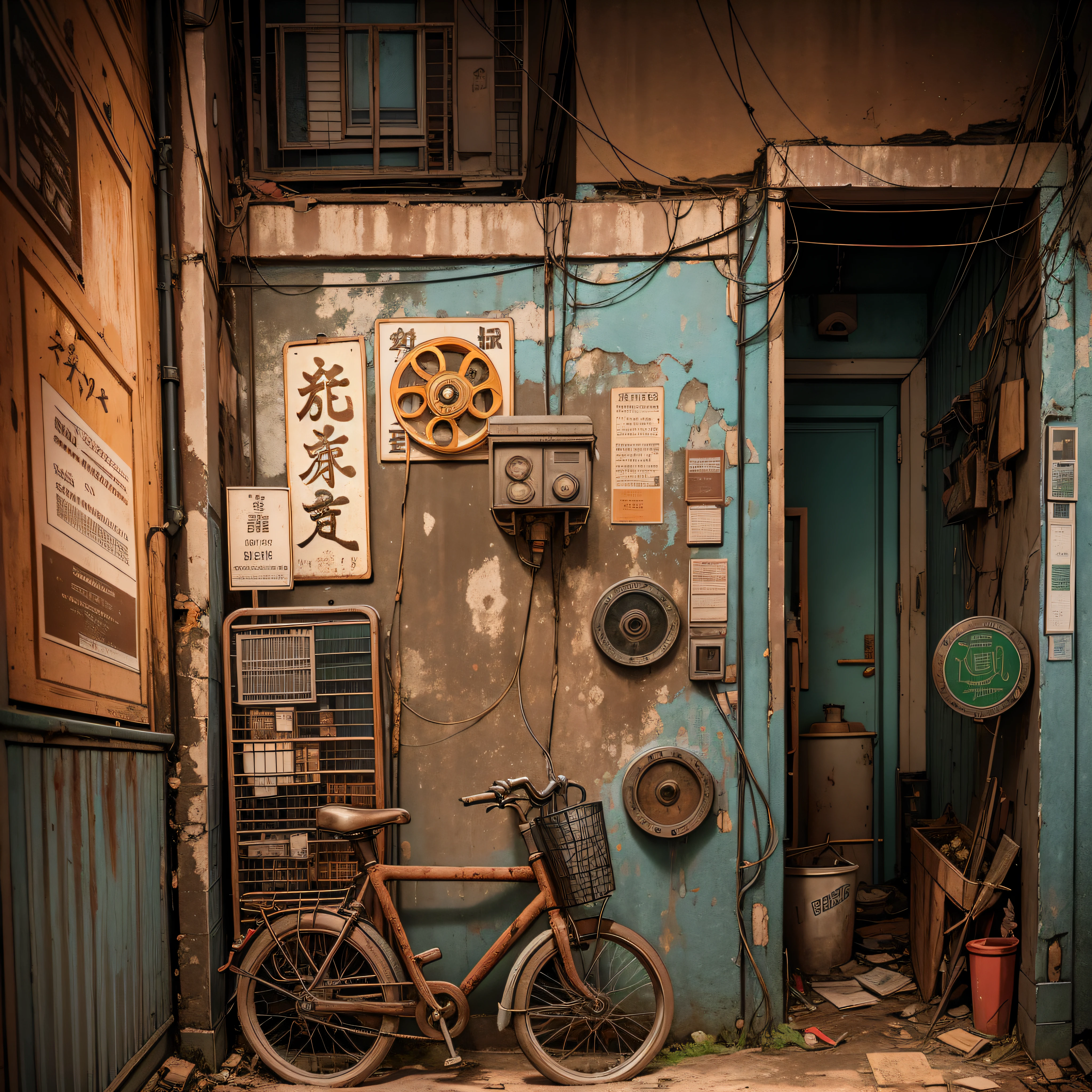 Abandoned house, entrance, Dojunkai apartment surreal and highly detailed illustrations, images with objects very loaded, viewpoint from below, dirty cement stairs with cracks, trash cans, metal signs, cables, poles, rusty pipes, wall pipes, electricity meters, gray and dark walls, empty boxes, old paper on the floor, paint on damaged walls, metal and rusty scrap, mechanical parts (rusty, brown), Neon wall highly detailed advertising, spotlight lights, artificial and sterile environment, fog and rather thick smoke, very dark landscape shadows, red and green neon lights, damp, puddles reflecting dim ambient light, wooden, entrance, evening, golden time, toys, cute, shoe box, bicycle --auto --s2