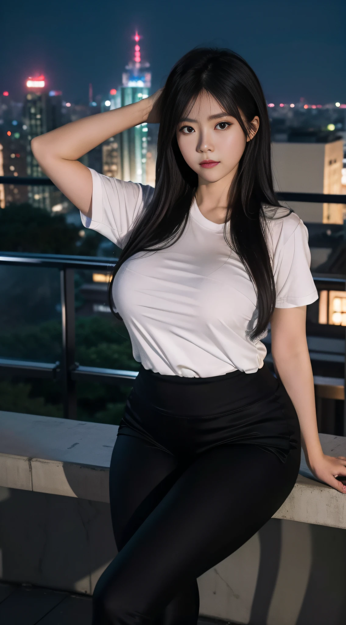 A Chinese woman on the rooftop of a tall building at night, fluffy hair, delicate face, bright, real girl, large aperture, wearing gray tight yoga pants trousers, wearing black yoga shirt, short-sleeved shirt, letter shirt, close shot, plump, slightly fat, standing, frontal shooting, very plump,