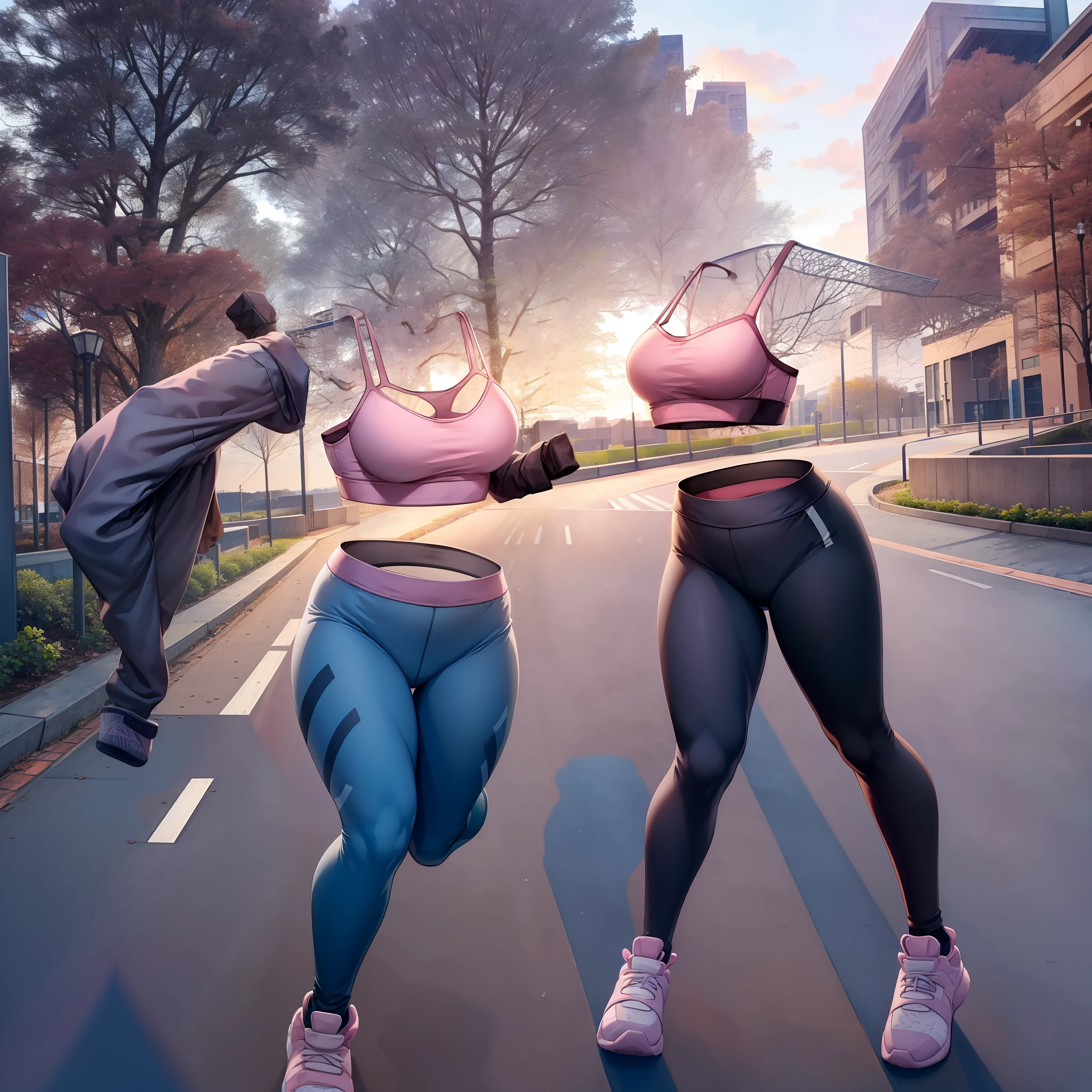 invisible, headless, faceless, masterpiece, best quality, large breasts, pink sports bra, gray leggings, running, park, accurate body, 1girl, side view, full body view