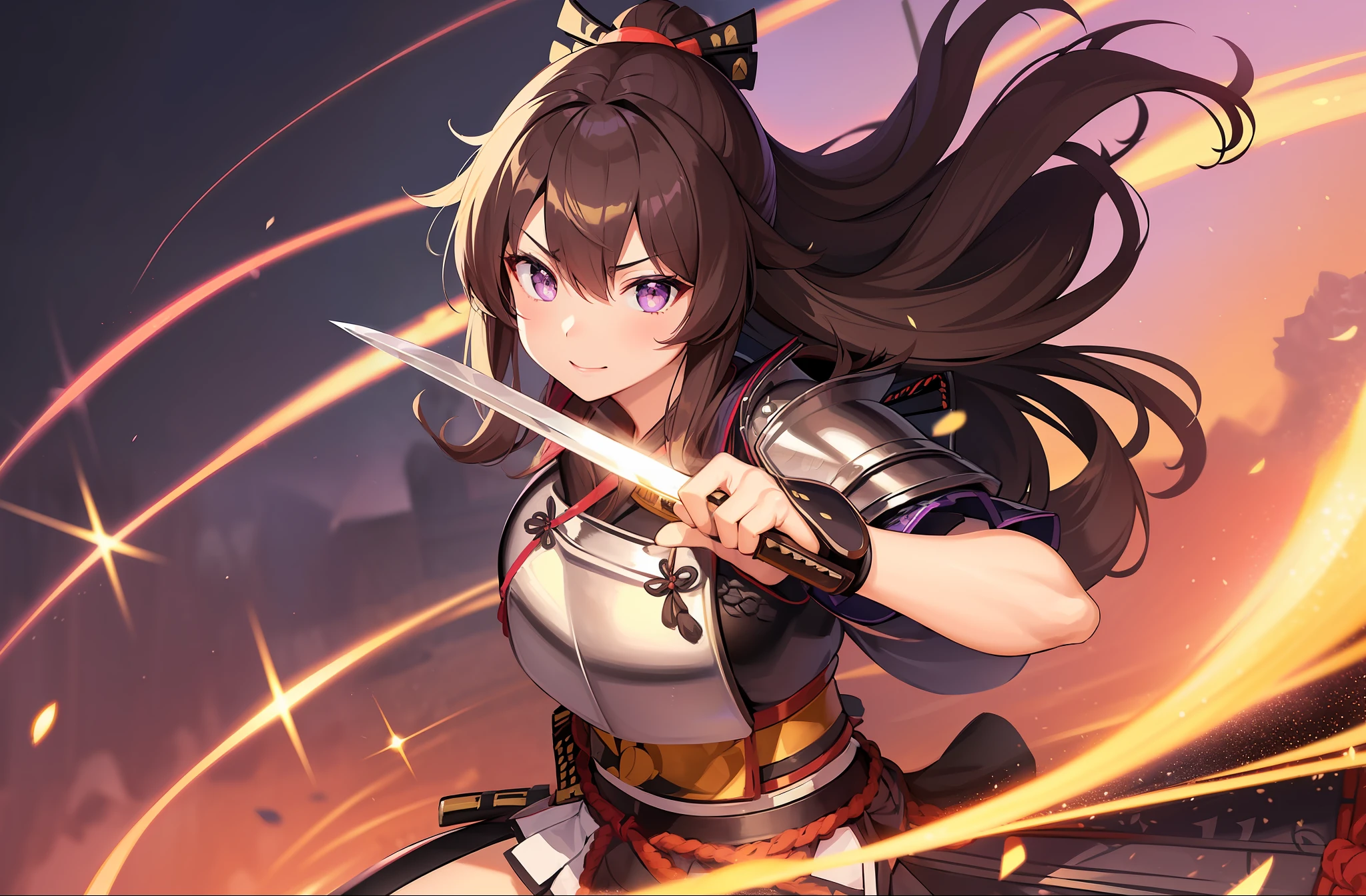 1 girl, solo, Kisaragi from Kancolle, (((samurai armor))), standing, fighting stance, sword strike, katana, detailed eyes, sparkling eyes, masterpiece, best quality, full body, midriff, purple eyes, shiny brown hair, purple flower in hair, tall, long hair, straight hair, hair between eyes,