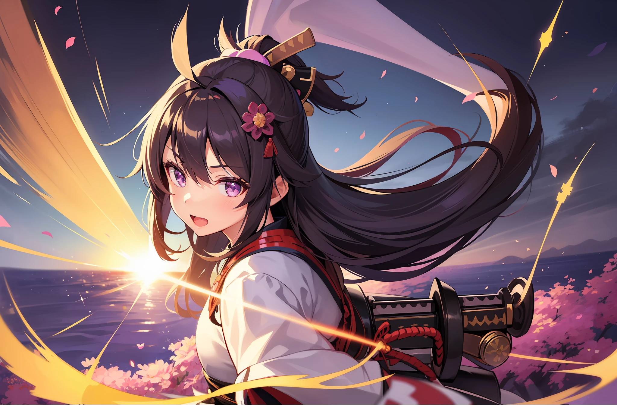 1 girl, solo, Kisaragi from Kancolle, (((samurai armor))), standing, fighting stance, sword strike, katana, detailed eyes, sparkling eyes, masterpiece, best quality, full body, midriff, purple eyes, shiny brown hair, purple flower in hair, tall, long hair, straight hair, hair between eyes,
