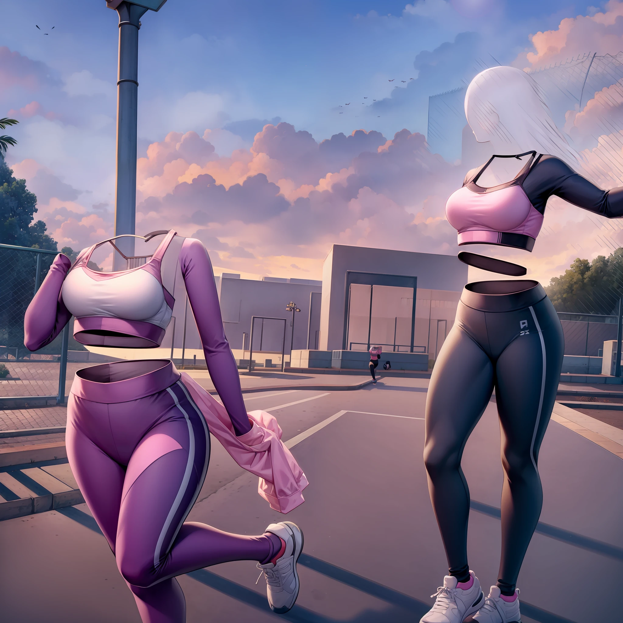 invisible, headless, faceless, masterpiece, best quality, large breasts, pink sports bra, gray leggings, running, park, accurate body, 1girl, side view, full body view