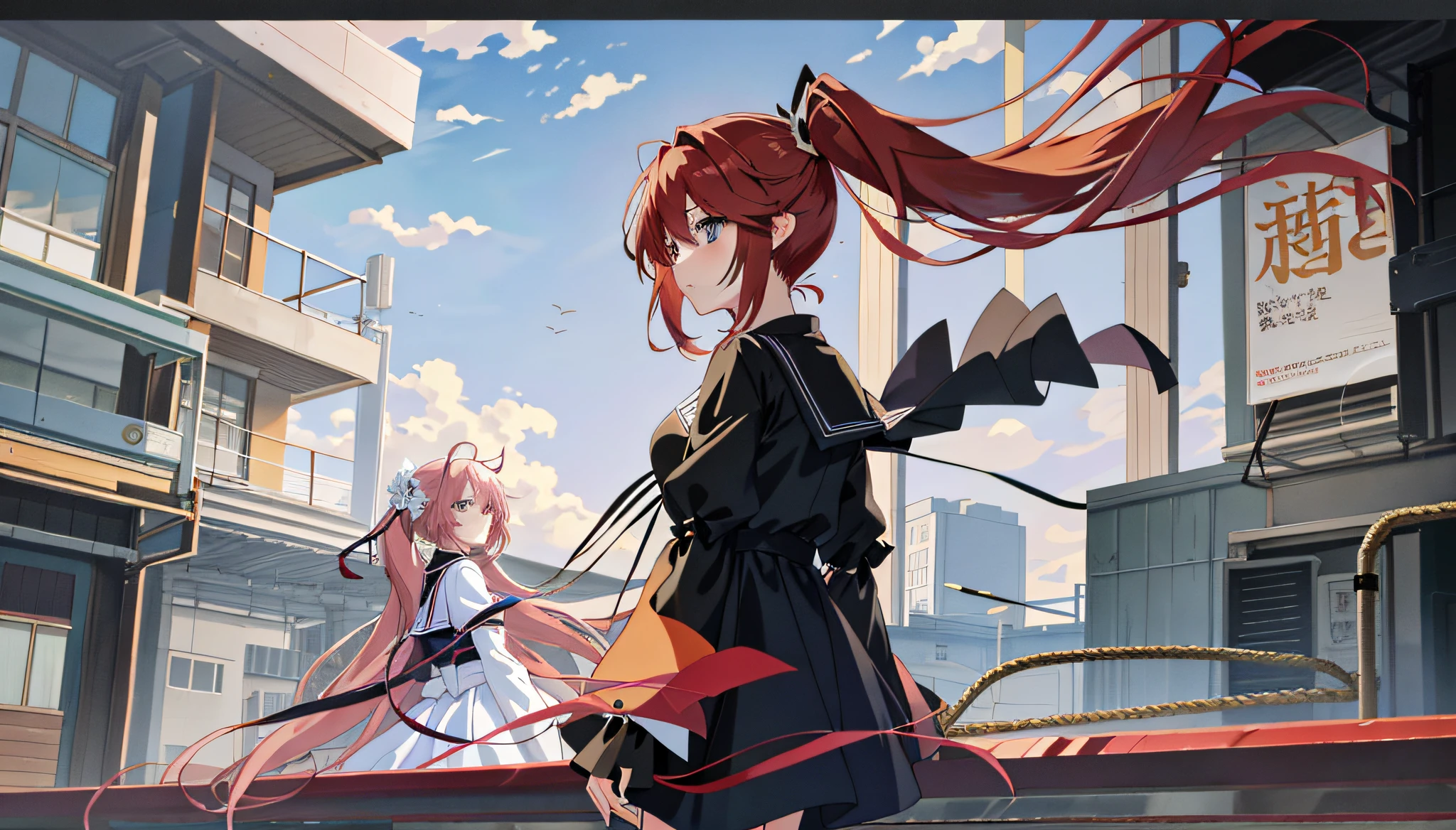 Anime girl hair fluttering in the wind, anime girl in dress anime style 4 K, long hair anime girl, high quality anime art style, (anime girl), long hair, anime style. 8K, on the roof, smooth anime CG art, modern anime style double ponytail black silk red hair