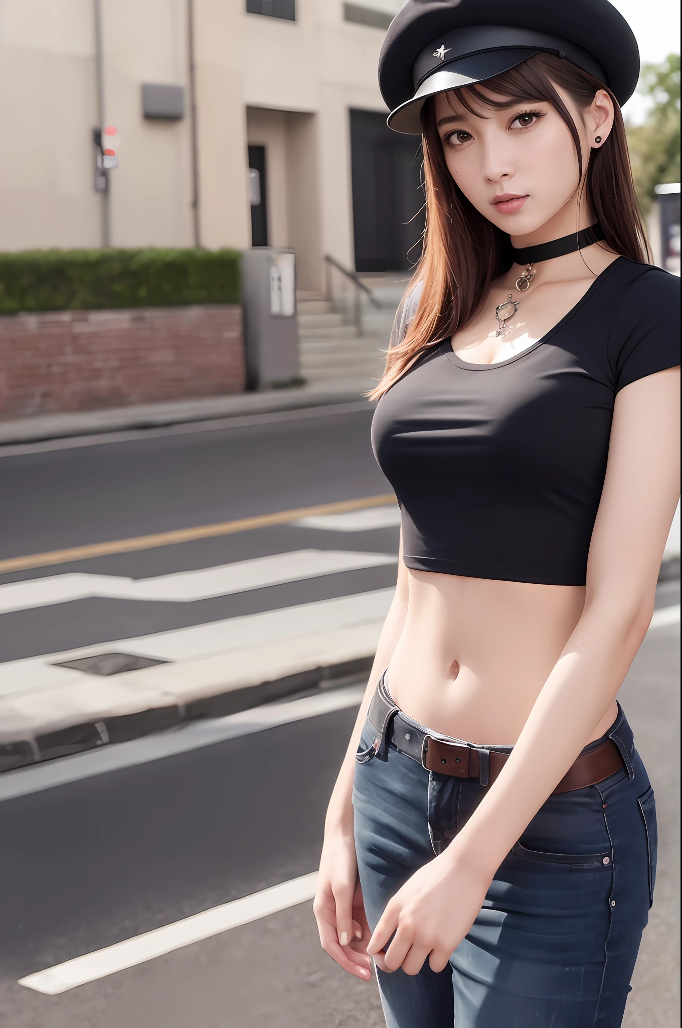 apinkhayoung, urban, streets, (day:1.1), RAW,(8k, best quality, masterpiece:1.2),(intricate details:1.4),(photorealistic:1.4),octane render, complex 3d render ultra detailed, studio soft light, rim light, vibrant details, ultra detailed, realistic skin texture, detailed face, beautiful detailed eyes, extremely detailed CG unity 8k wallpaper, makeup, (detailed background:1.2), (cowboy shot:1.2),(perfect anatomy:1.2),(wide hip:1.1),(black t-shirt, pants, choker, beret:1.2),