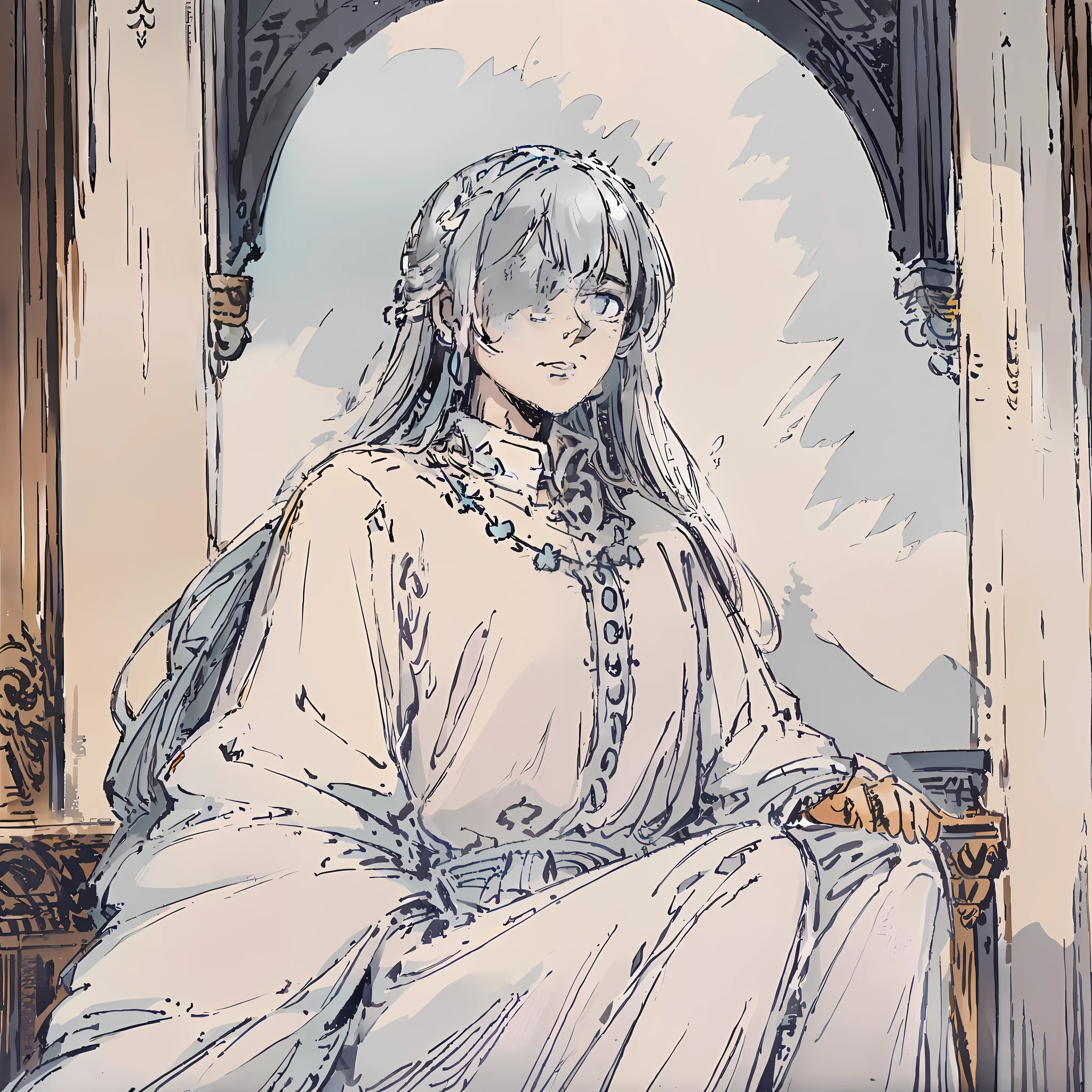 anime - style drawing of a woman in a white dress sitting on a bench, griffith, griffith from berserk, high quality colored sketch, highly detailed exquisite fanart, boris valejo. octopath traveler, the piercing stare of yuki onna, detailed fanart, inspired by amano, white haired deity, flat cel shading mucha, manara, ((a beautiful fantasy empress))