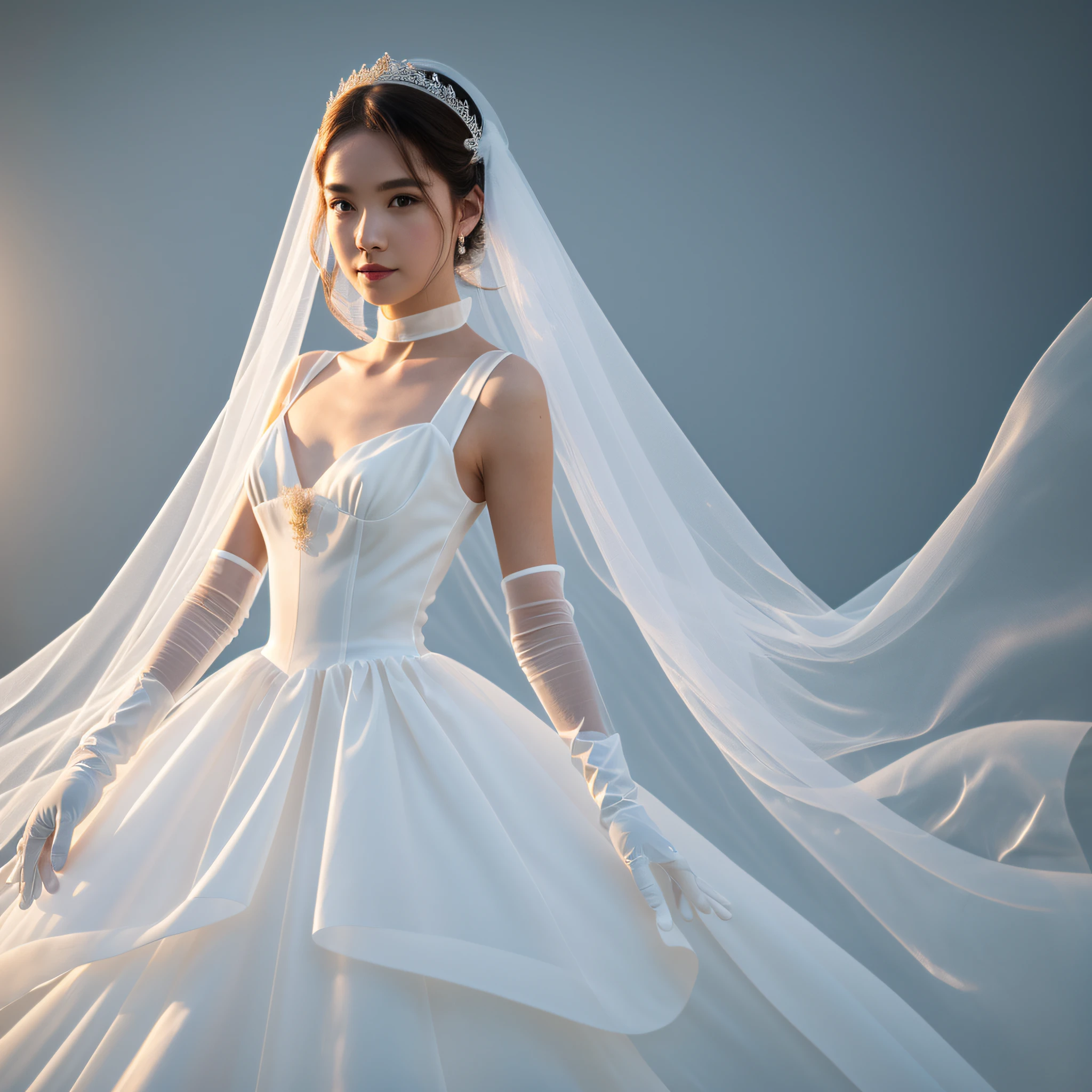 A woman wearing white long gloves, gloves length to upper arm, long gloves, very long gloves, simple style, hands are straight, palms facing outward, white gloves translucent, gentle, fairy, best quality, masterpiece, high resolution, 1girl, transparent silk porcelain dress, (high detail skin: 1.2), 8k uhd, DSLR camera, soft light, high quality, volumetric lighting, candid shot, photo, high resolution, 4k, 8k --auto --s2