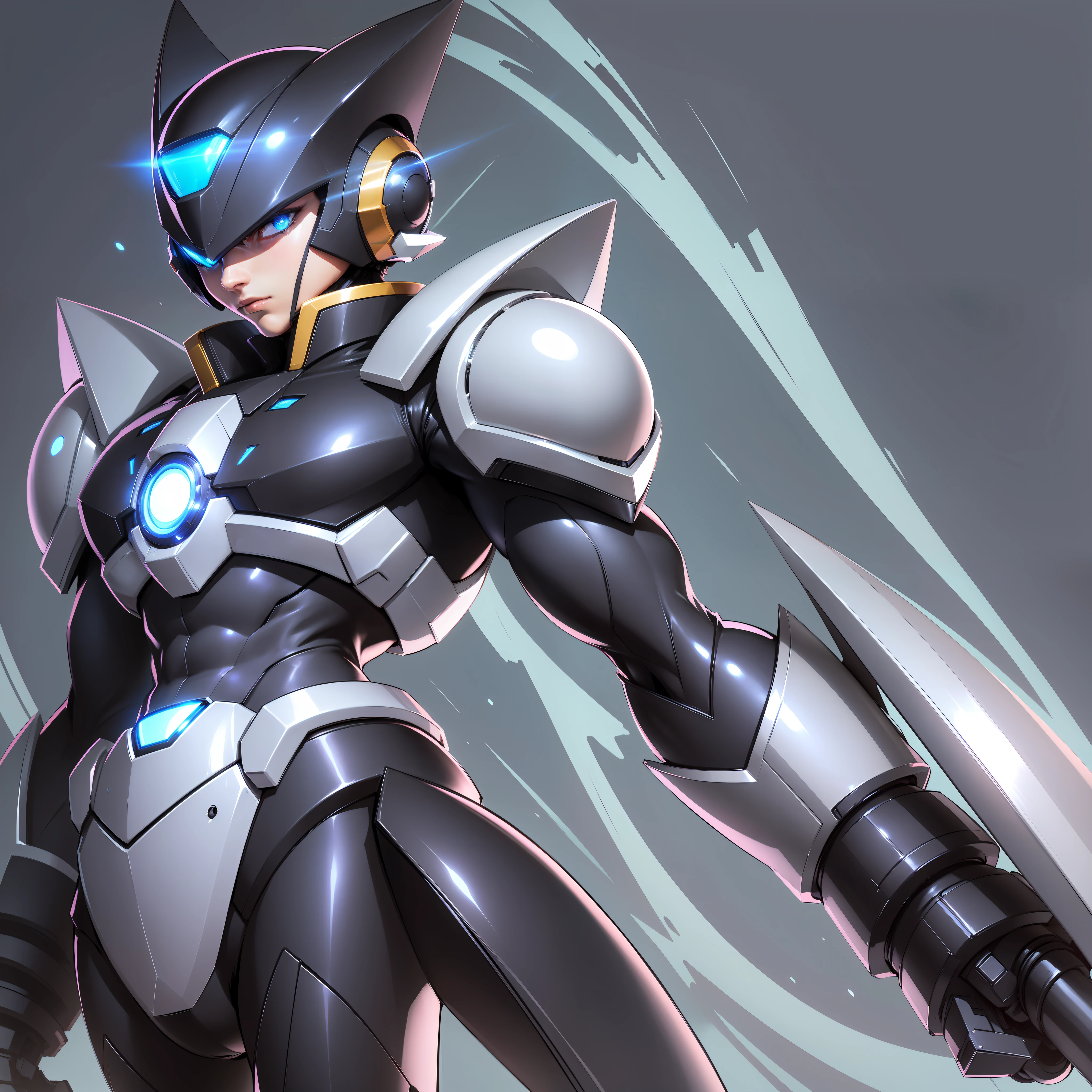 A sleek and streamlined design, with a predominantly silver and black color scheme, helmet has a unique crescent shape, with two antenna-like structures on either side, eyes covered by metallic visor, an enigmatic appearance, Megaman Zero, Male, solo1