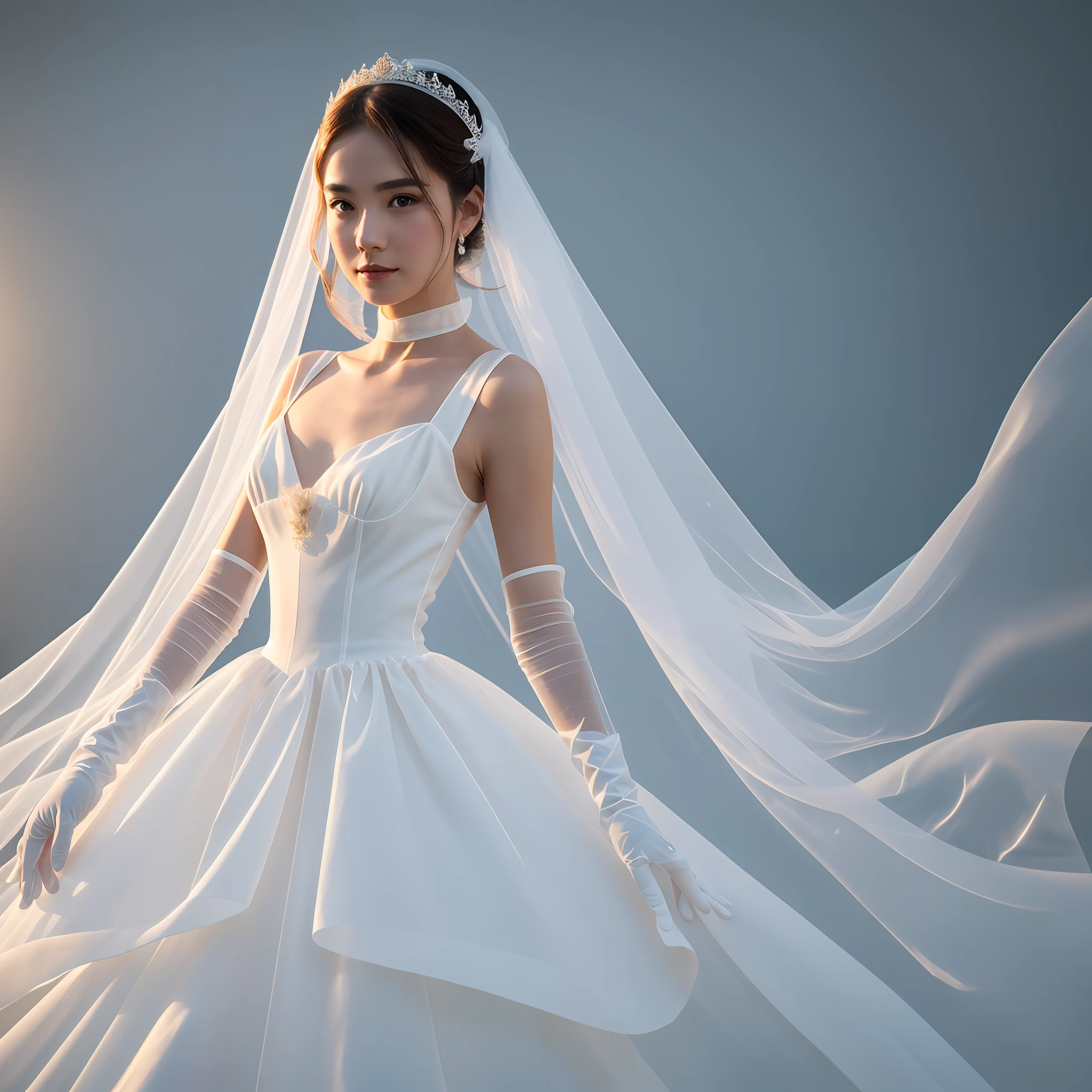 A woman wearing white long gloves, gloves length to upper arm, long gloves, very long gloves, simple style, hands are straight, palms facing outward, white gloves translucent, gentle, fairy, best quality, masterpiece, high resolution, 1girl, transparent silk porcelain dress, (high detail skin: 1.2), 8k uhd, DSLR camera, soft light, high quality, volumetric lighting, candid shot, photo, high resolution, 4k, 8k --auto --s2