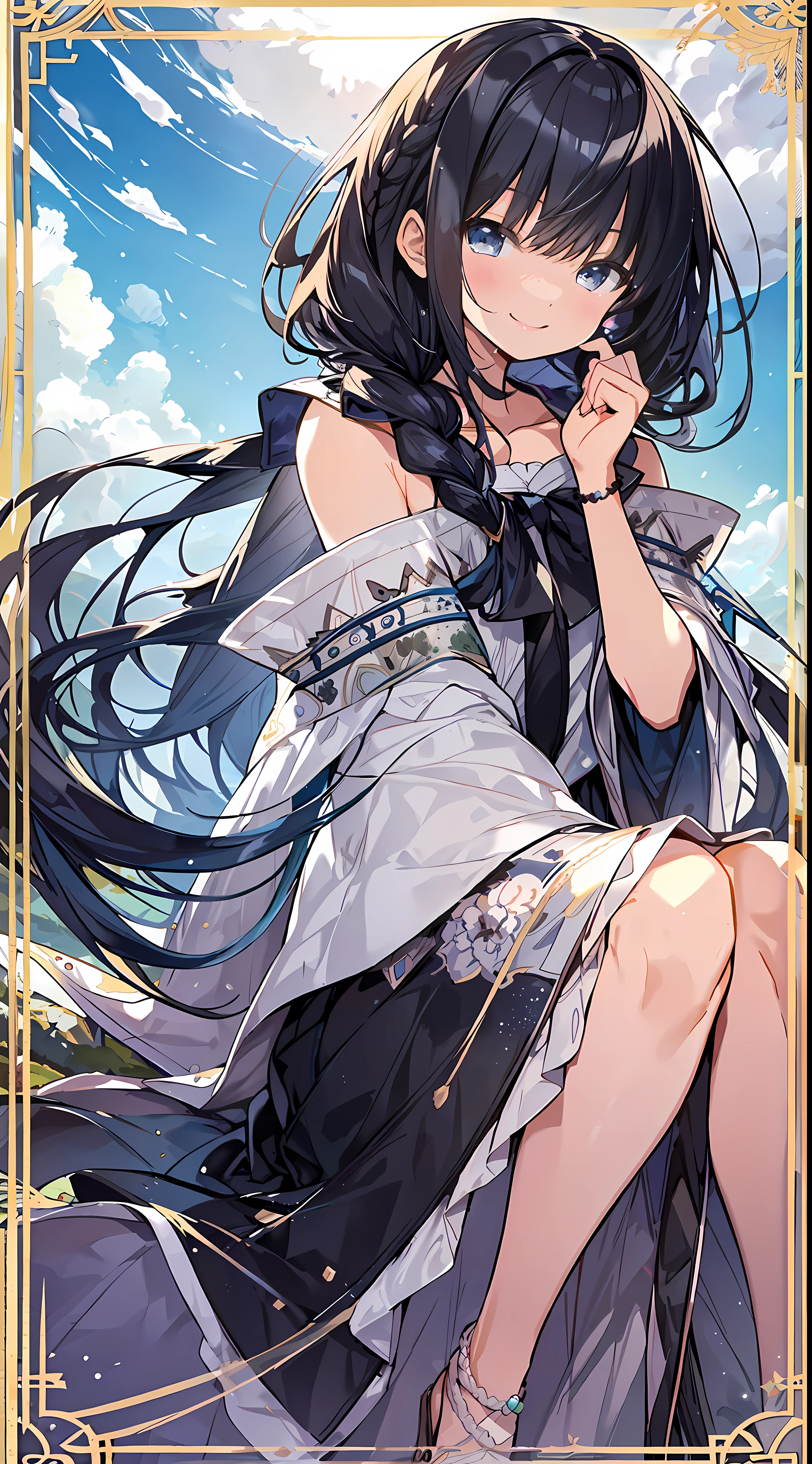 Top Quality, Masterpiece, Ultra High Definition, 8K, Summer Sky, Early Summer, (Flared Skirt, Poncho, Cape), Shojo Manga Style Loli, One, Soft Line Art, Digital Enhancement, Shojo Manga Touch, Shojo Manga Core, Flowing Fabric, Close Up, (Hair length to the shoulders and short braids)), Wet hair, Soft drawing, Beautiful black hair, Clear eyes, ((Teasing smile)), Ultra-detailed digital anime art, clear face depiction, ultra-detailed shojo manga character art, clear facial features, ultra-detailed manga style, top quality colors, hand gestures, mountain landscape, looking up at the sky, foot-up angle, zentangle