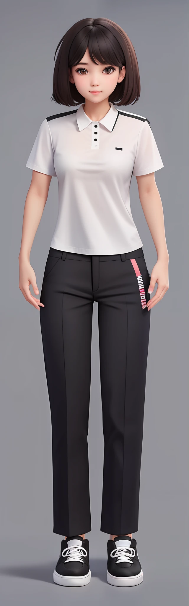 A female high school student with short hair, wearing a white shirt with a black neckline, black casual trousers, and black sneakers