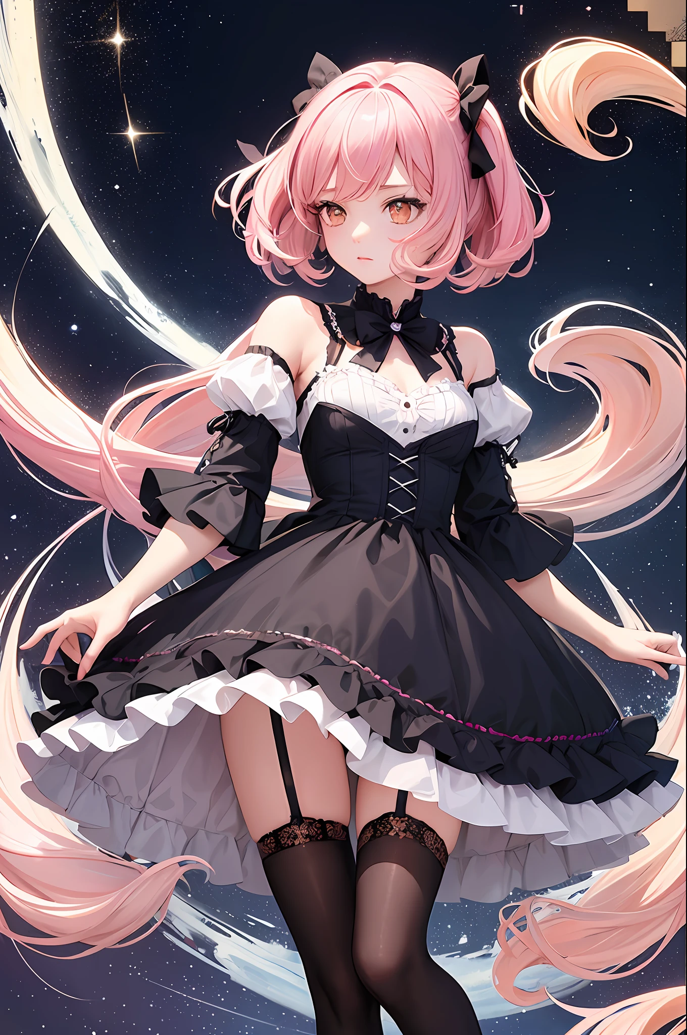 (Masterpiece, Top Quality, Best Quality, Watercolor (Medium), Official Art, Beauty and Aesthetics: 1.2), (1girl: 1.3), (Fractal Art: 1.3), Upper Body, Looking from the Side, Looking at the Viewer, Pattern, (Rainbow Hair, Colored Hair, Pink Gradient Hair: 1.2), Water, Liquid, Clouds, Colorful, Starry, Stars, Full Body, Stockings, Lolita Shoes (Cross Laces), Bow Clips;