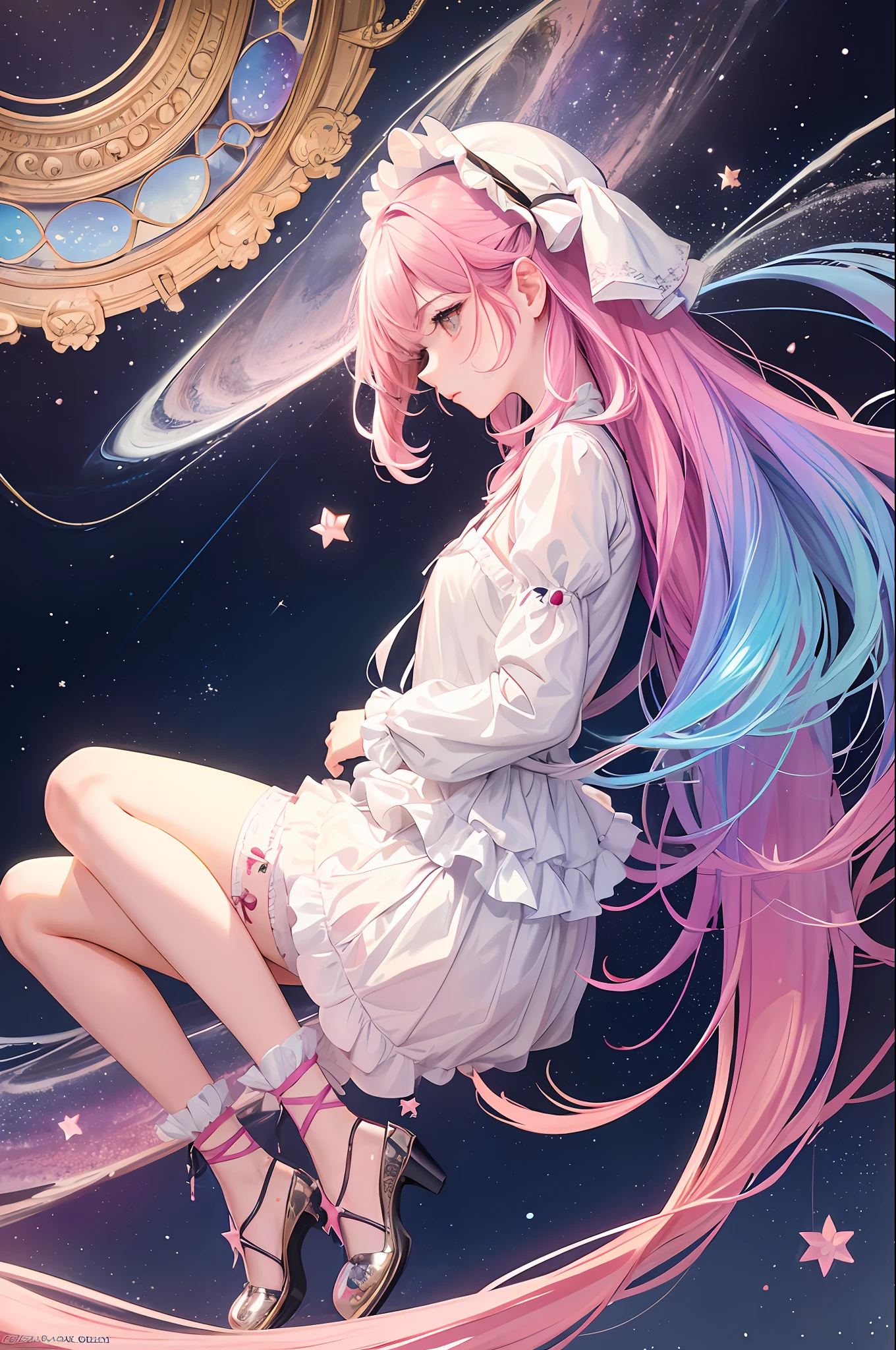 (Masterpiece, Top Quality, Best Quality, Watercolor (Medium), Official Art, Beauty and Aesthetics: 1.2), (1girl: 1.3), (Fractal Art: 1.3), Upper Body, Looking from the Side, Looking at the Viewer, Pattern, (Rainbow Hair, Colored Hair, Pink Gradient Hair: 1.2), Water, Liquid, Clouds, Colorful, Starry, Stars, Full Body, Stockings, Lolita Shoes (Cross Laces), Bow Clips;