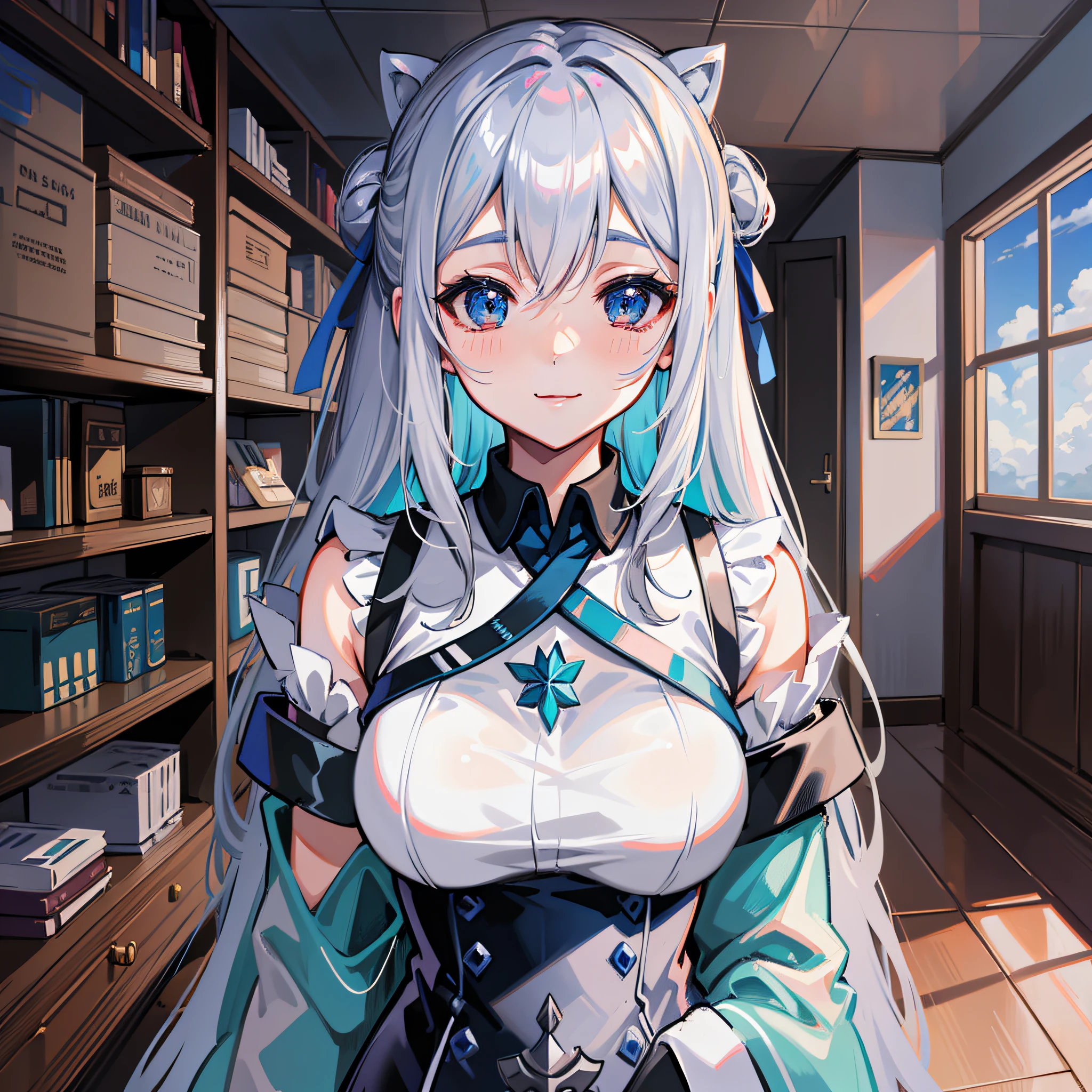 ((Best Quality, 8K,)) Anime characters with long gray hair and blue eyes in uniform, Anime visuals of young women, Today's featured anime stills, God of White Hair, official art, cute girl anime visuals, popular isekai anime, tsuaii, Marisa drizzle, anime movies, TV anime still, isekai, hestia, albedo of anime overload smile Transparency No ears