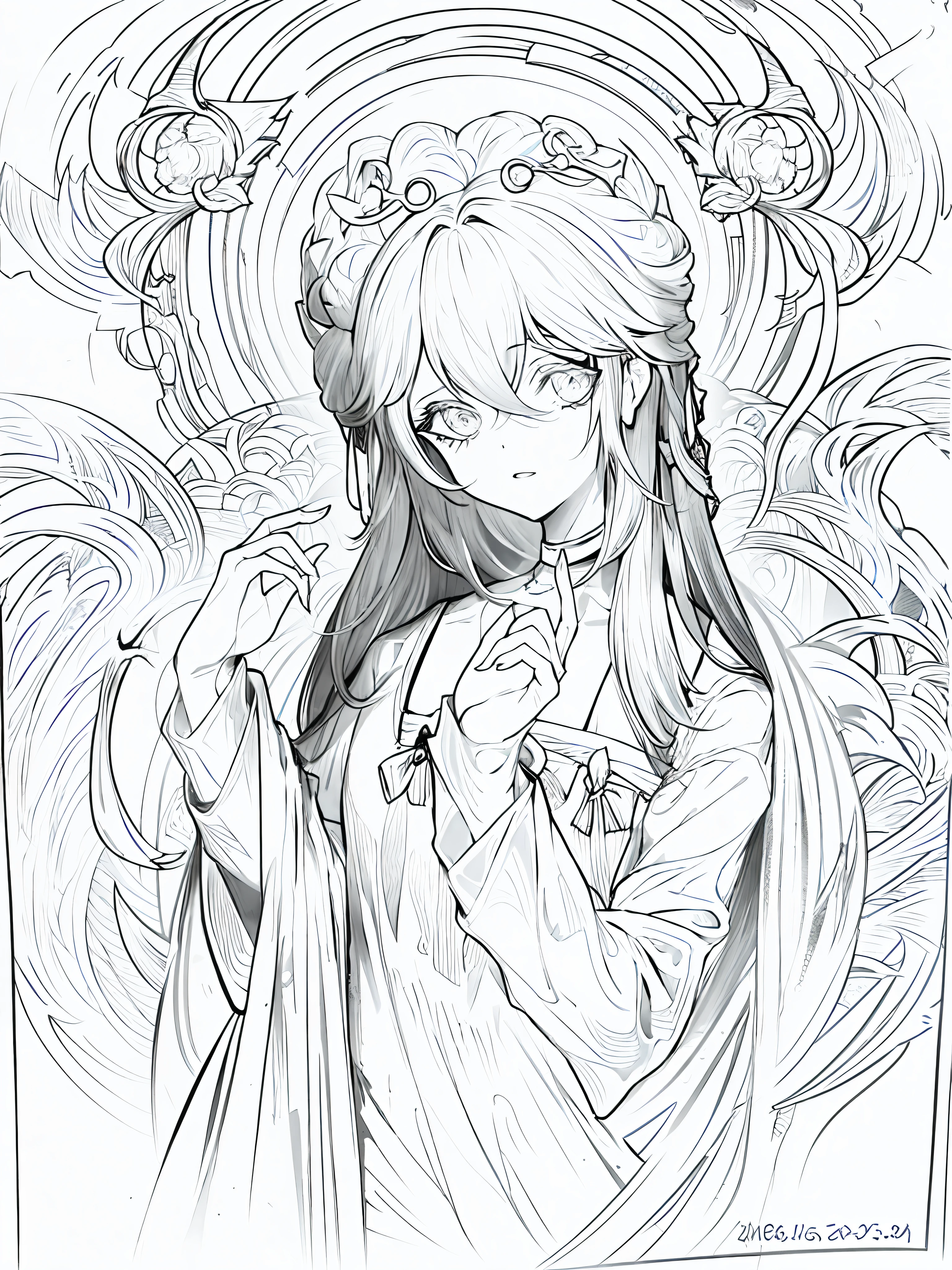(masterpiece), hres, hight quality, 4k, unity render, 1girl, solo, lineart, (monochrome:1.2),intrincate detailed, orange hair, long hair,
