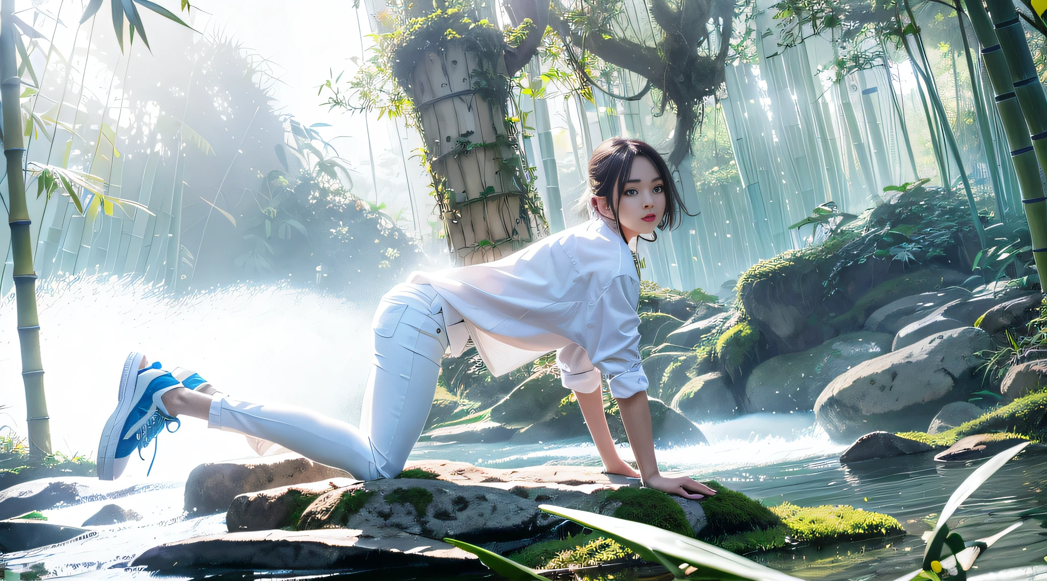 there is a woman that is standing on a rock in the water, cinematic. by leng jun, trending on cgstation, shot on nikon z9, fantasy photoshoot, in white clothes, trending at cgstation, stylish pose, elegant cinematic pose, cool pose, li zixin, by Fei Danxu, by Li Song, in a pond