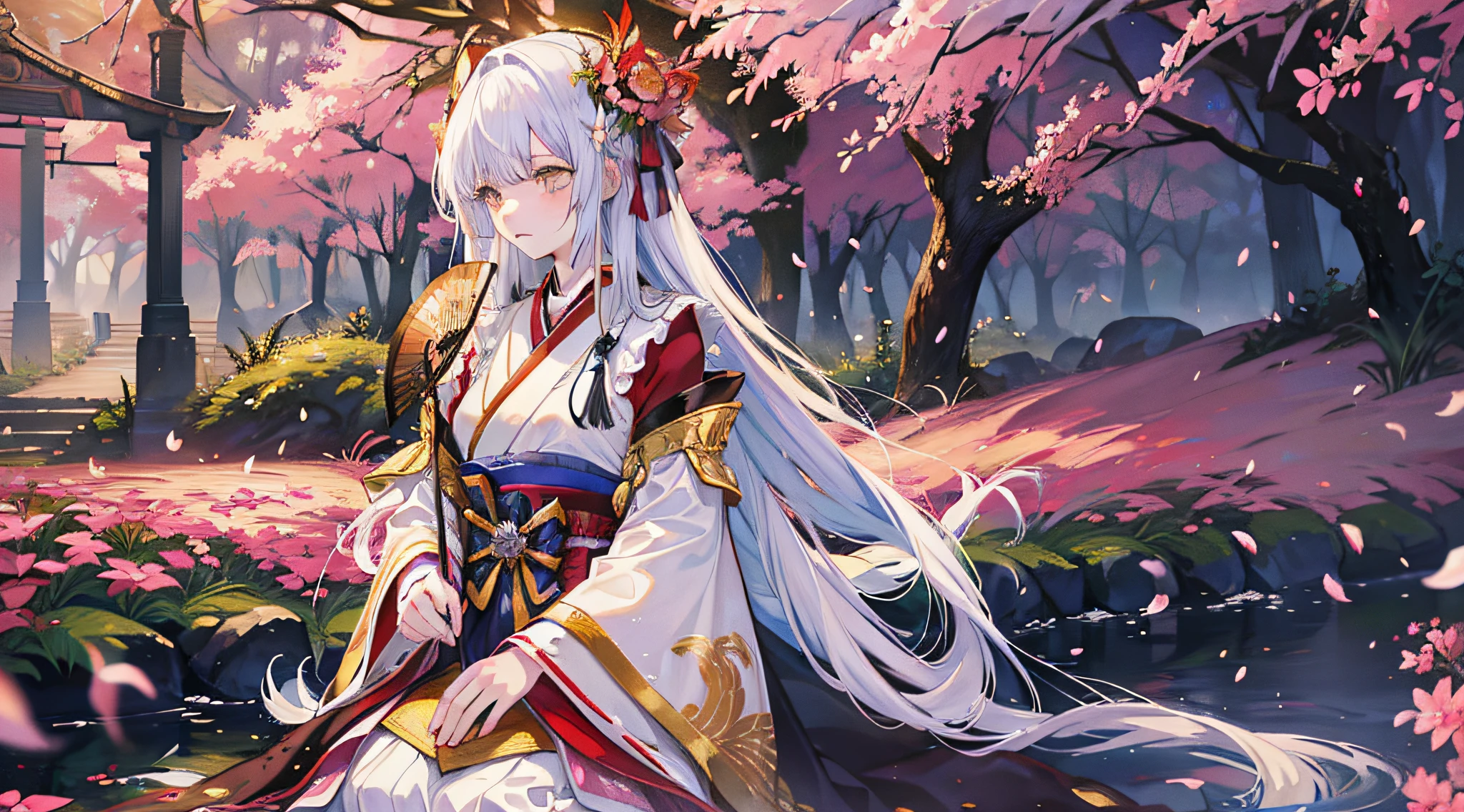 A beautiful and dignified anime girl wears a twelve-piece dress commonly worn by public noblewomen during the Heian period, with a star leaf grass pattern embroidered with silver thread. The upper body is covered with small sleeves, single clothes, jackets, dresses, watches and tang clothes, which are complicated and heavy, and the lower body is wearing a crimson hakama, and long silk-like smooth inky hair falls behind her, spreading along the layers of tops that drag on the ground. She holds a luxurious fan with gold leaf painted with cherry blossoms. It is dusk when the setting sun dyes the clouds orange. The courtyard is covered with white sand, planted with monk pine, camphor trees and red maple, and a small pond between the rocks sparkles.