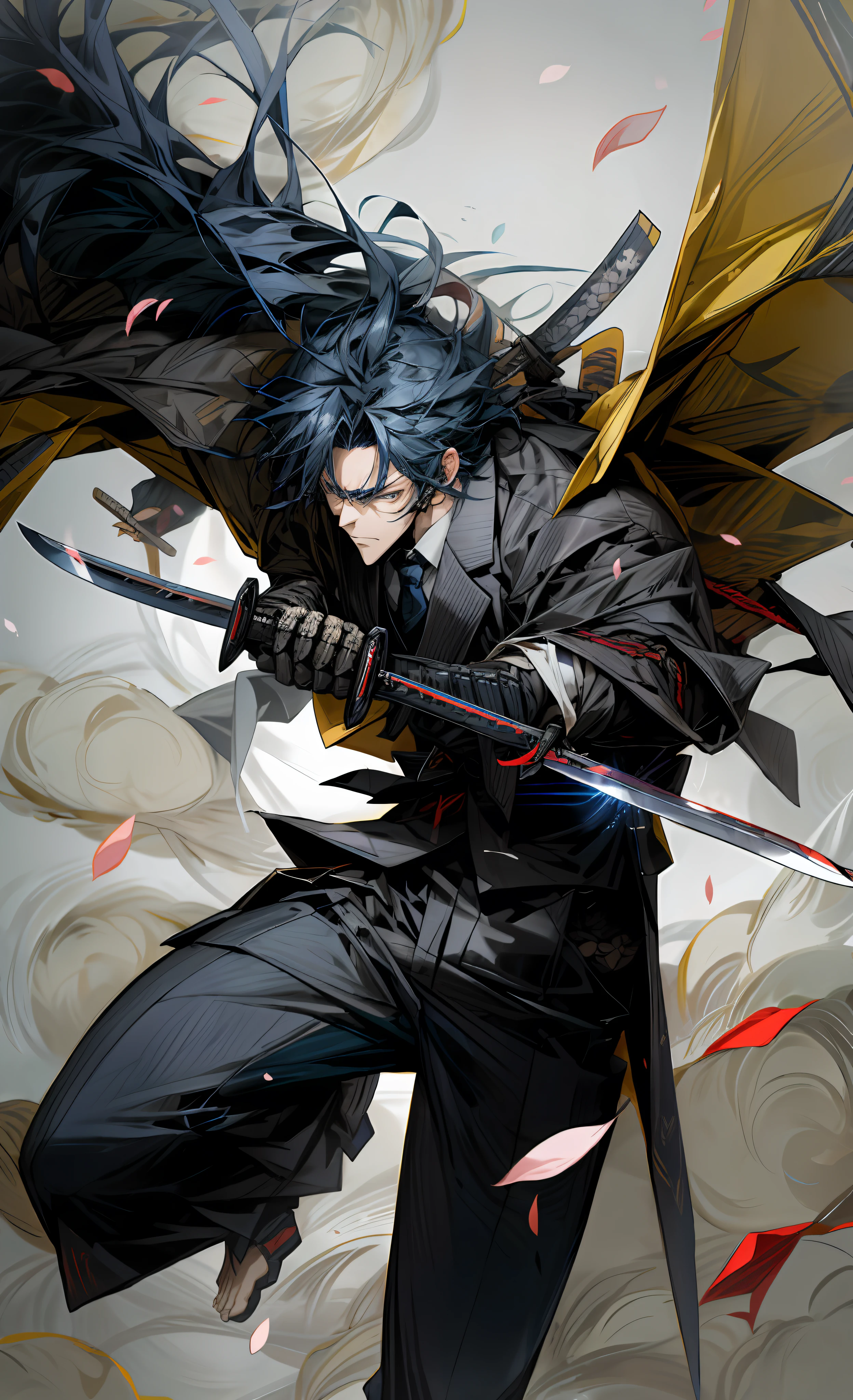 (8K picture quality, niji5 anime samurai, explosive knife light, petals flying, extremely cool!) ), violent aesthetic male, suit and tie, blue, middle-aged, masculine.