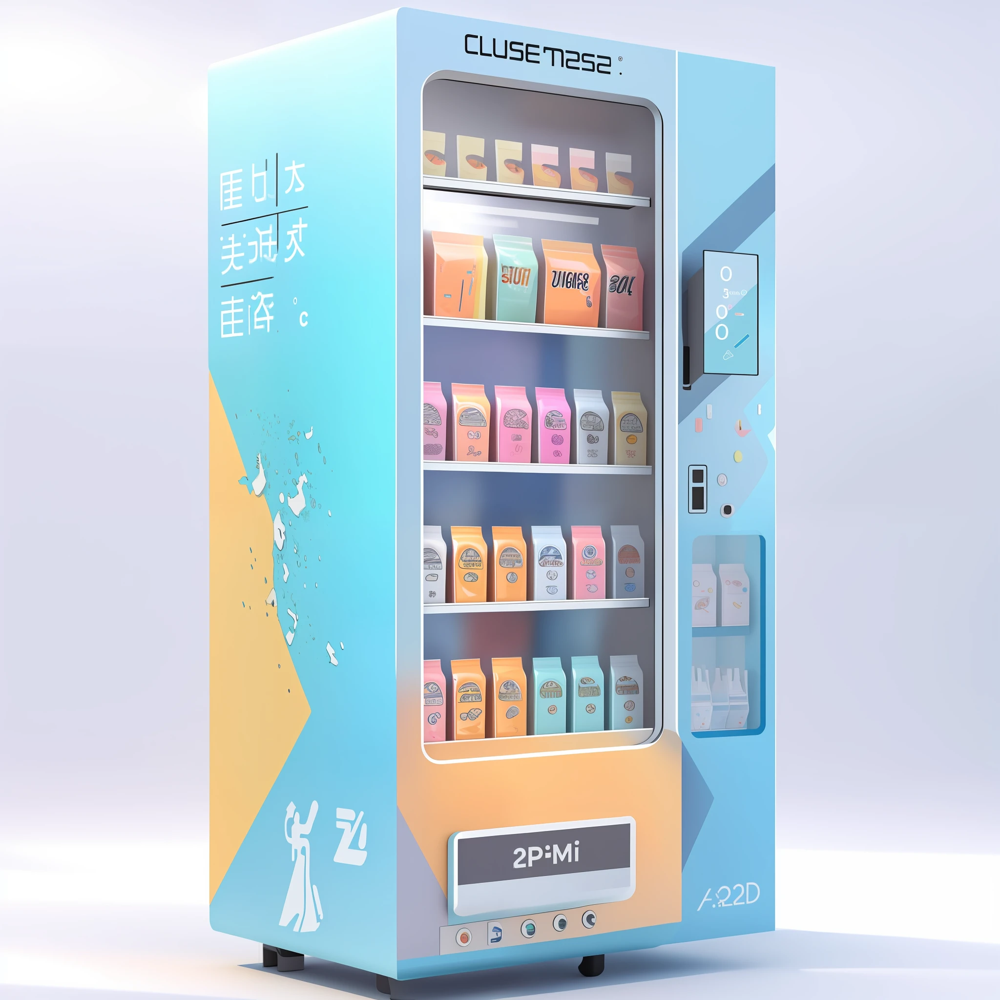 Close-up of vending machine with cosmetics and eyelashes, eyeshadow and other cosmetics, 3D product rendering, machine, high-quality product image display, vending machine, vending machine, sci-fi vending machine, 4 8 0 p, 480p, high quality product, machine, high quality product image", future, high quality, 3D product, f 2.0, large size, cosmetics, and beauty product mixing concept, product rendering, style style with orange eyeshadow on the body, reasonable aesthetic elements appear on the fuselage, The whole is mainly blue and yellow, and the color distribution can be 50% each