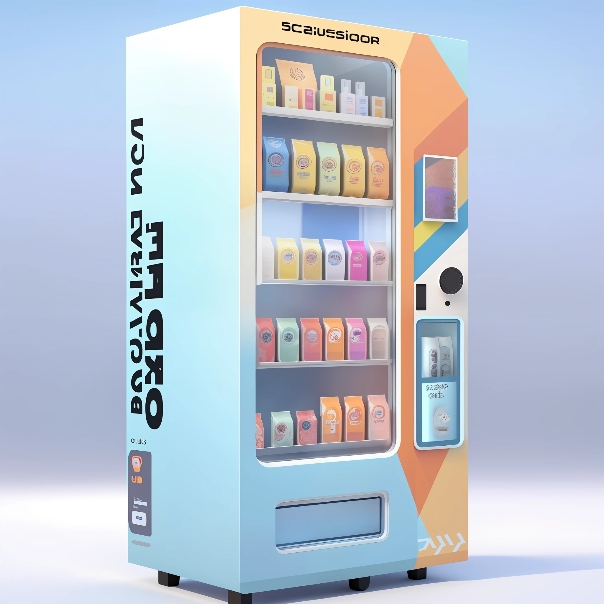 Close-up of vending machine with cosmetics and eyelashes, eyeshadow and other cosmetics, 3D product rendering, machine, high-quality product image display, vending machine, vending machine, sci-fi vending machine, 4 8 0 p, 480p, high quality product, machine, high quality product image", future, high quality, 3D product, f 2.0, large size, cosmetics, and beauty product mixing concept, product rendering, style style with orange eyeshadow on the body, reasonable aesthetic elements appear on the fuselage, The whole is mainly blue and yellow, and the color distribution can be 50% each