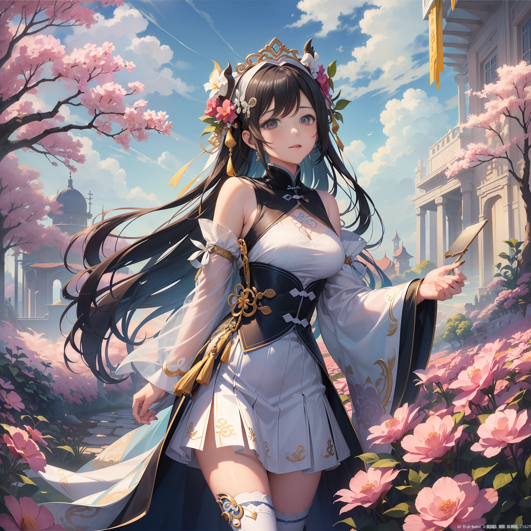 (The main body of the picture: a female cultivator), (the main body emphasis: refreshing), (picture scene details: white clouds fluttering, colorful auspicious clouds surrounding, white and flawless wonderland). (embedding tag: Xiuxian, Wonderland Landscape)