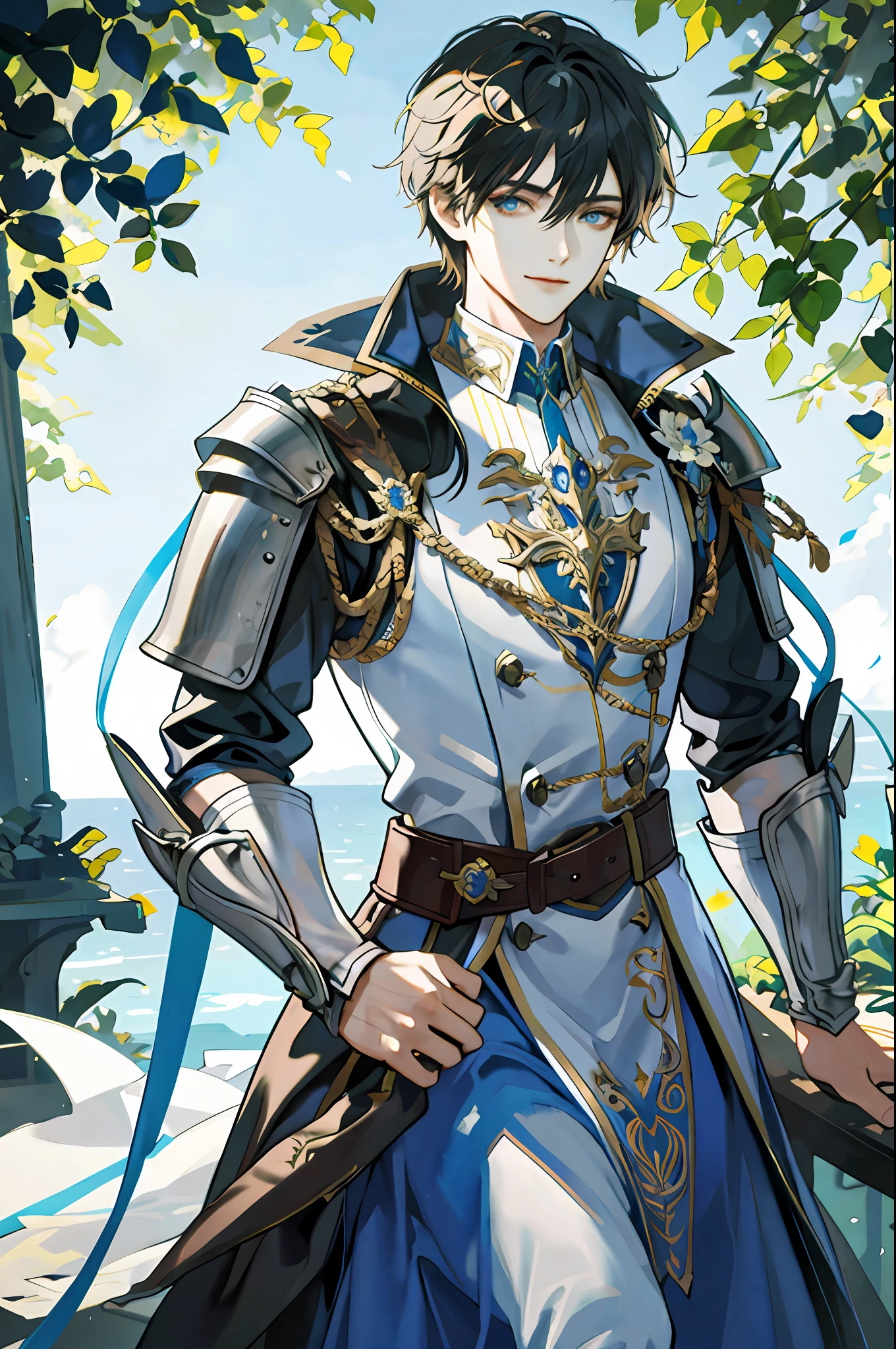 (masterpiece, top quality, high resolution, watercolor illustration, super detail), two men, youth, knight, muscular, strong, uniform, royalty, armor, art made by professional artists, the artwork is a masterpiece, the perspective of the characters was drawn perfectly, highly detailed clothes, visually stunning background, good-looking clothes, highly detailed hair, a sense of unity and harmony, volume lighting, Depth, detailed shading of figures, detailed highlights portrait drawing, perfect person, excellent person drawing, good looking realistic lighting, best light placement, highly detailed clothing, stylized, aesthetic, excellent eye detail, flowers, fantasy, comic art, concept art, trends on pixiv, forest, blooming flowers, sunlight, fantastic lights and shadows, landscape, highly detailed face, portrait, smile