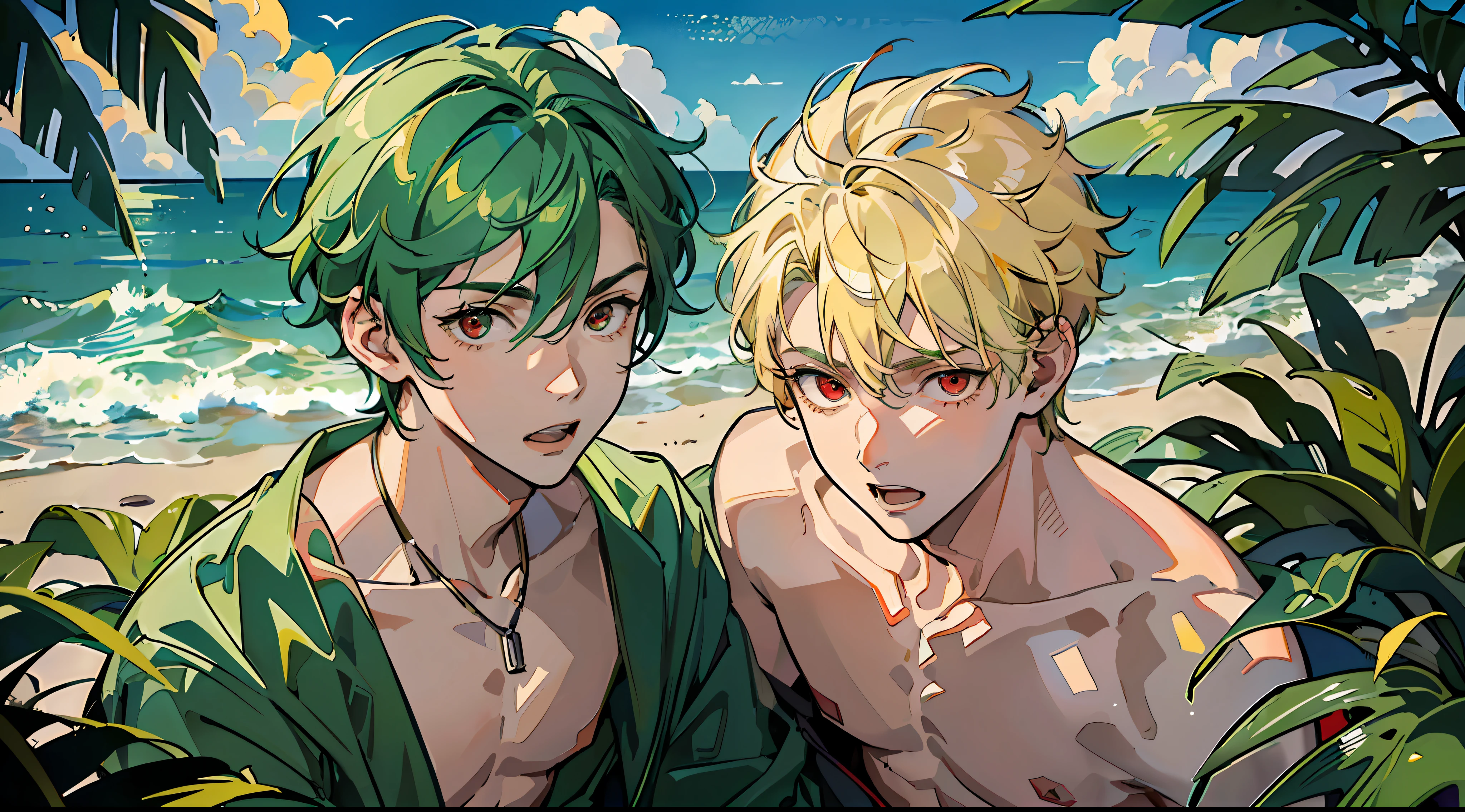 (Masterpiece: 1.4, highest quality), ((Masterpiece, highest quality)), two boys, (cute boy with green hair and big eyes: 1.2), (good looking boy with blond spiked hair and red eyes: 1.2), beach, they are undressed, leaning forward