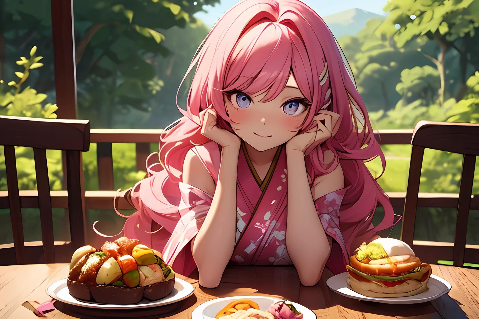((Pov )) Wavy pink hair woman looking at you admiringly, empire sihouette outfit , cute face, cute eyes, dinner table, Japanese-forest-background.