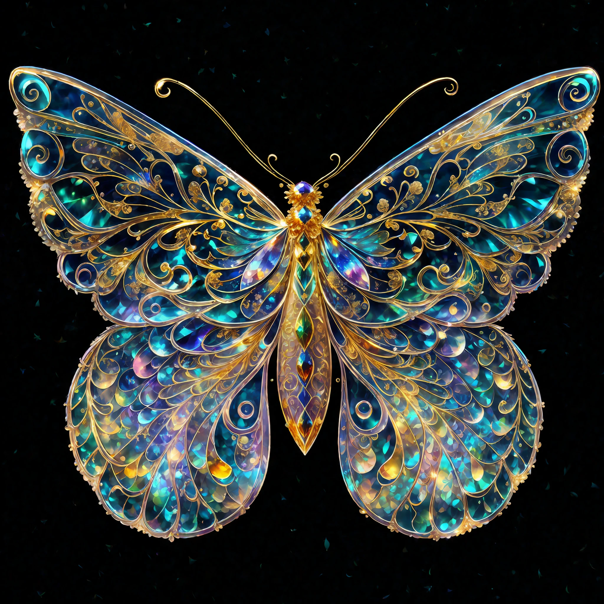 Iridescent color, flying insect, scale, wing, blue, texture, complex, gorgeous, shadow, pastel color, highly detailed, decorative style, Tim Burton, Dale Chihuly, Little Dragon Cheng, Cyril Rolando, author hour jige, bright gold, rainbow gold leaf, gold dust, sparkle, diamond, crystal, rainbow, gold dust, gold leaf, bright gold