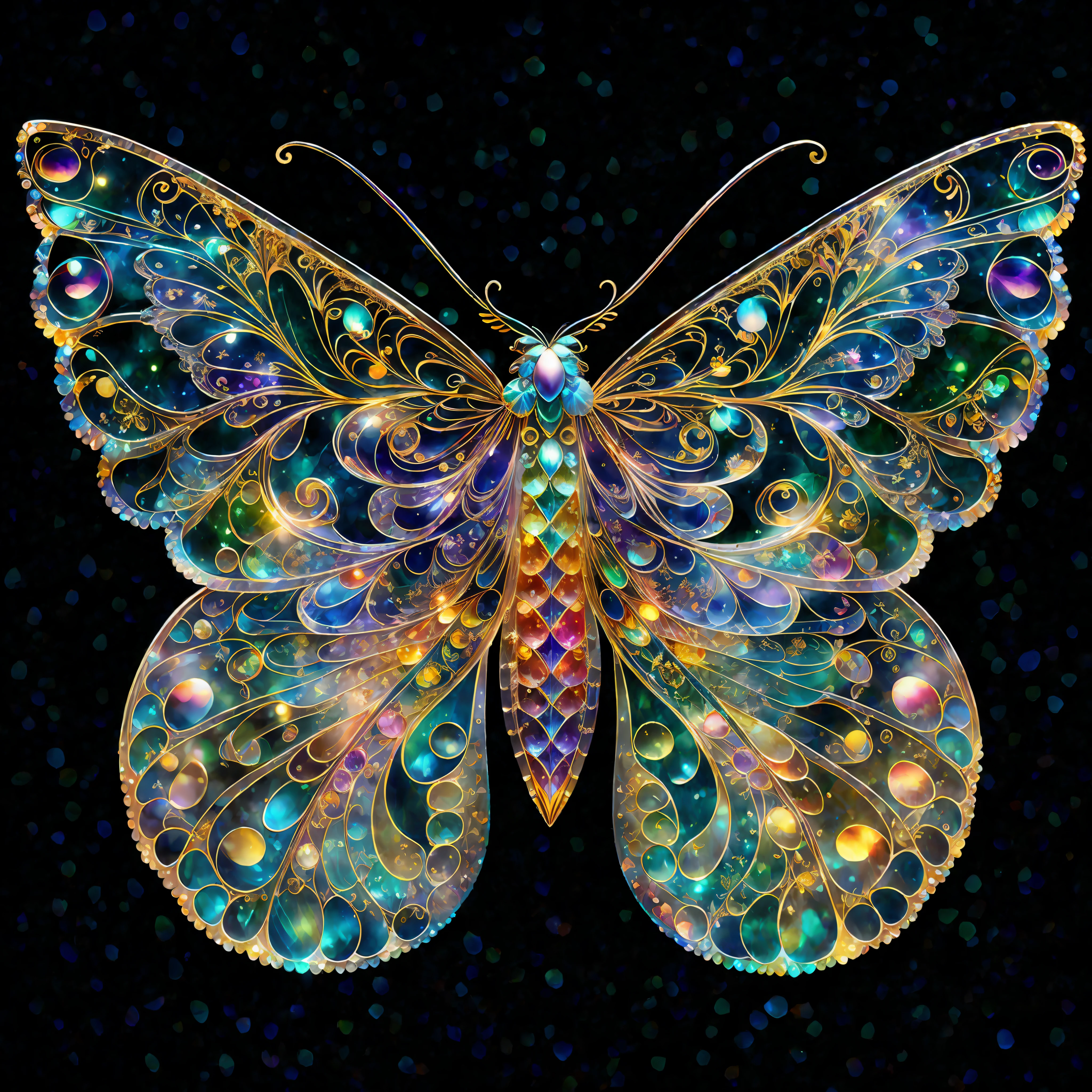 Rainbow color, flying insects, scales, wings, blue, textured, complex, gorgeous, shadow, pastel colors, highly detailed, decorative style, Tim Burton, Dale Chihuli, Xiaolongcheng, Cyril Rolando, author hour giger, bright gold, rainbow gold leaf, gold dust, sparkling