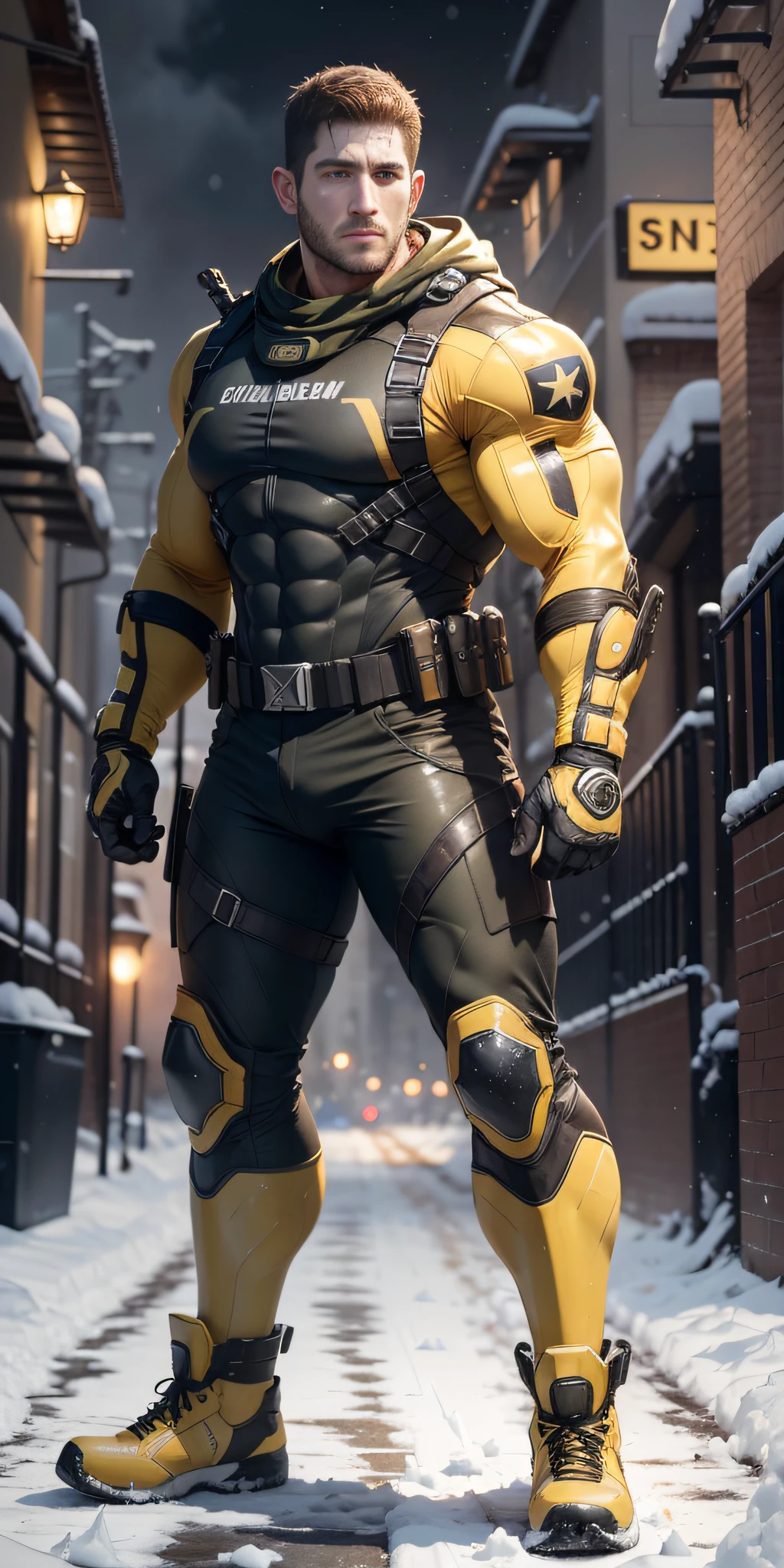 Movie poster, full body, character design (Resident Evil - Chris Redfield, Chris Redfield) wearing a yellow-black combat suit, standing alone on the snowy street, with a sad expression, deep and charming eyes, emerald-like pupils, muscle male heroes, heroic male poses, tall and burly, muscular! Sexy charming developed leg muscles, tall and burly, yellow-black combat suit, super buff and cool, high resolution committee, beige cream white combat boots, attractive strong male, bright moonlight on the body, lonely