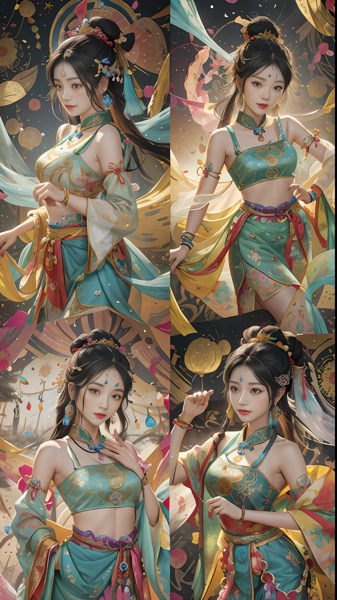 An ancient Chinese beauty with gorgeous costumes embroidered with intricate embroidery, with transparent colorful streamers tied around her arms, flowing, showing her navel, bare shoulders, open neck with buns, flower hairpins, armbands tied with streamers, bracelets, anklets , with metal chain tassels around the waist, Mogao Grottoes art, Dunhuang Flying Apsaras mural inspiration, ink wash, cgstation popular --v 6