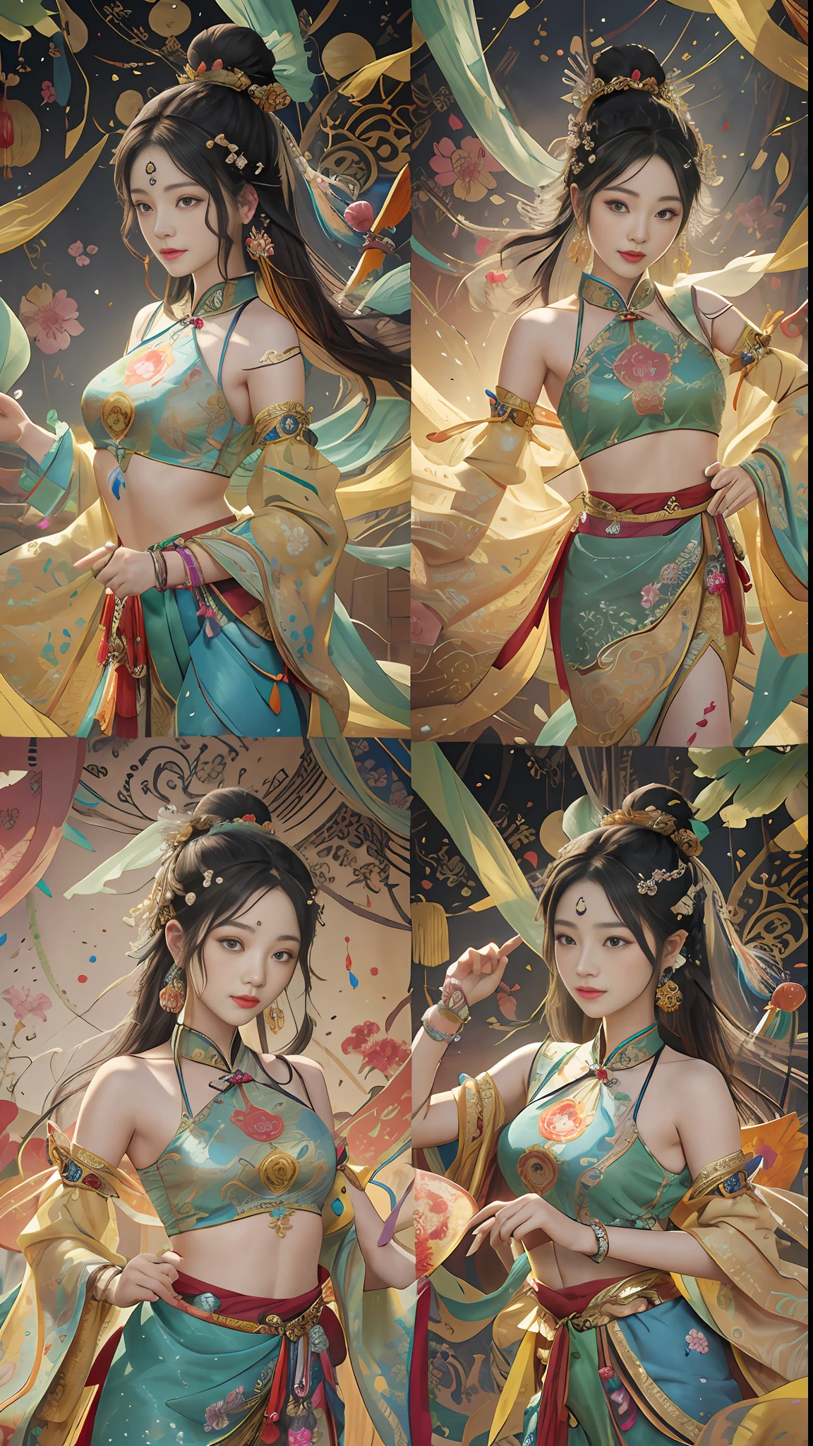 An ancient Chinese beauty with gorgeous costumes embroidered with intricate embroidery, with transparent colorful streamers tied around her arms, flowing, showing her navel, bare shoulders, open neck with buns, flower hairpins, armbands tied with streamers, bracelets, anklets , with metal chain tassels around the waist, Mogao Grottoes art, Dunhuang Flying Apsaras mural inspiration, ink wash, cgstation popular --v 6