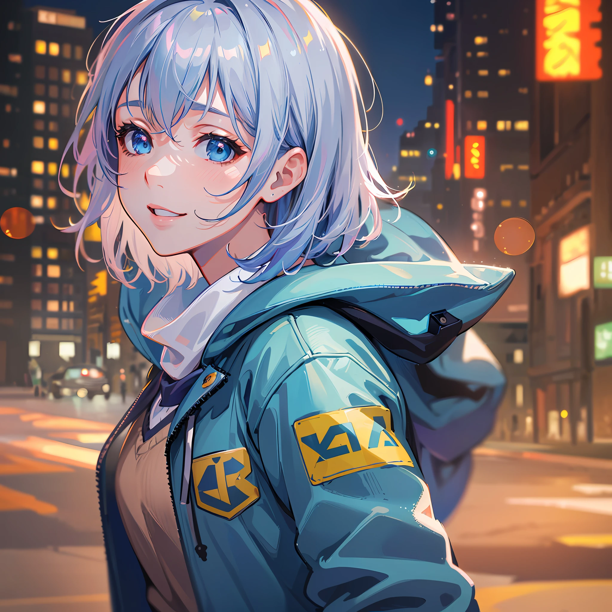 (8k RAW photo,best quality, masterpiece:1.2), (realistic,photo-realistic:1.37), omertosa, 1girl, city, professional lighting, photo mapping,radiosity, physically-based rendering, blue backlight bokeh, smile, mature, head portrait, sunlight, blone, short jacket, school uniform, hoodie, short hair, floating hai