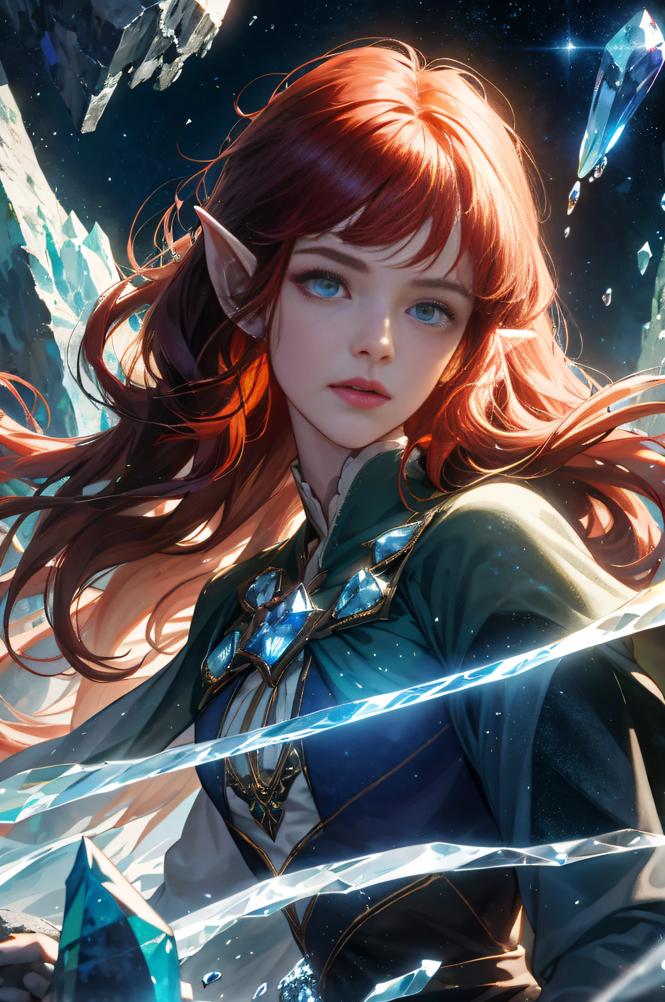 (ridiculous, high resolution, super detailed), 1 elf, girl, 16 years old, wavy hair, crimson hair, green eyes, bangs, long sleeves, delicate eyes and delicate face, (eye reflection, star pupil, detailed depiction of the eye), extremely detailed CG unity 8k wallpaper, intricate details, (style-swirlmagic:1.0), looking at viewer, solo, upper body, detailed background, close up, detailed face, (gothic dark ages theme:1.1), crystal sorcerer, dynamic pose, earth themed clothes, crystal crown, floating in the air, glowing magic fragments, surrounded by blue magic crystals, rock formations, stalactites, magic floating particles, crystal glass, crystal balls, Crystal Canyon background, (shallow water: 0.7), epic ethereal atmosphere, updraft, portrait