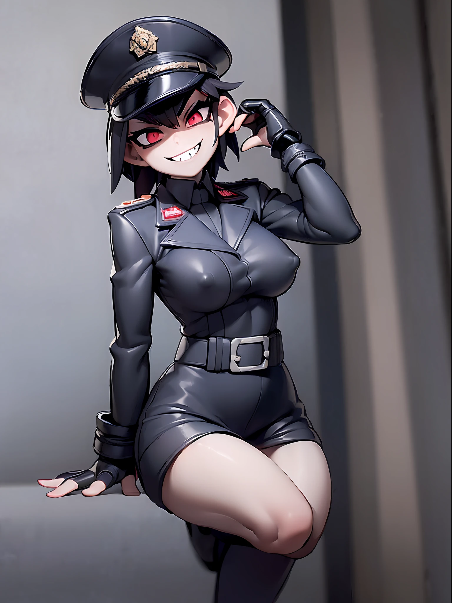 ((Full body):2) (({Only 1/27-year-old Gothic woman}):1.3):{((official black leather uniform of the German army, wearing a black leather army hat)):1.3), ((large bust):1.4), tall woman, ((black bob hair, red eyes):1.3), ((sadistic smile):1.5), ((sitting with her back to the wall and bent knees)}, ((best quality): 1.4), masterpiece, strong makeup, horizontal seat, looking at the camera, pupils constricted, (nipple lozenges: 1.5), ((SFW)), hands on waist, dynamic angle