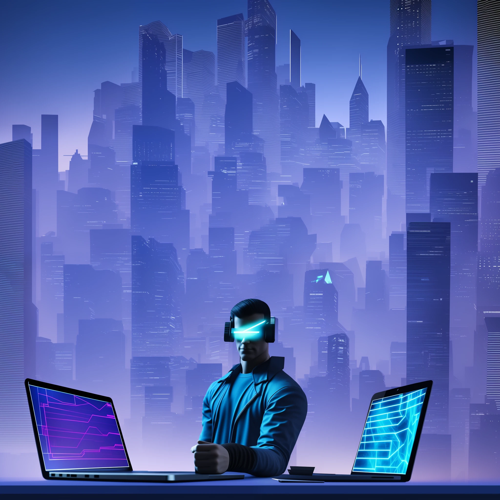Cyberpunk style, with several skyscrapers in the background, a hacker sitting in an office, hacking into two computers in front of him, computer screen showing chatgpt words, 3D scene, blue-black tones --auto --s2