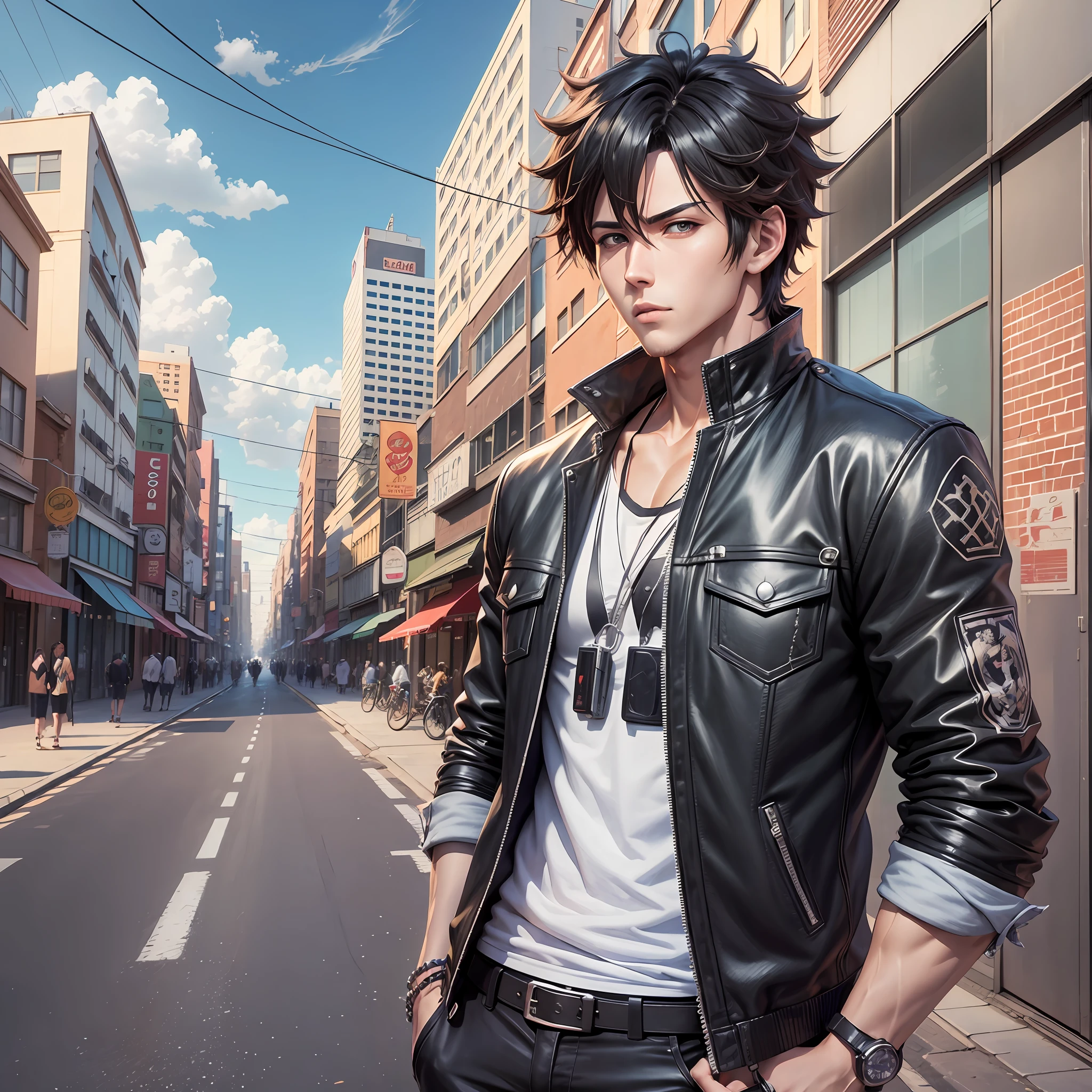3D, urban street, hot weather, street view summer, 4K manga wallpaper, 4K anime wallpaper, anime concept HDR anime McManus, anime handsome guy, anime beauty, inspired by Masanobu Okumura, handsome guy in demon killer art, anime realism style, anime art wallpaper 4k, anime art wallpaper 4k --auto --s2