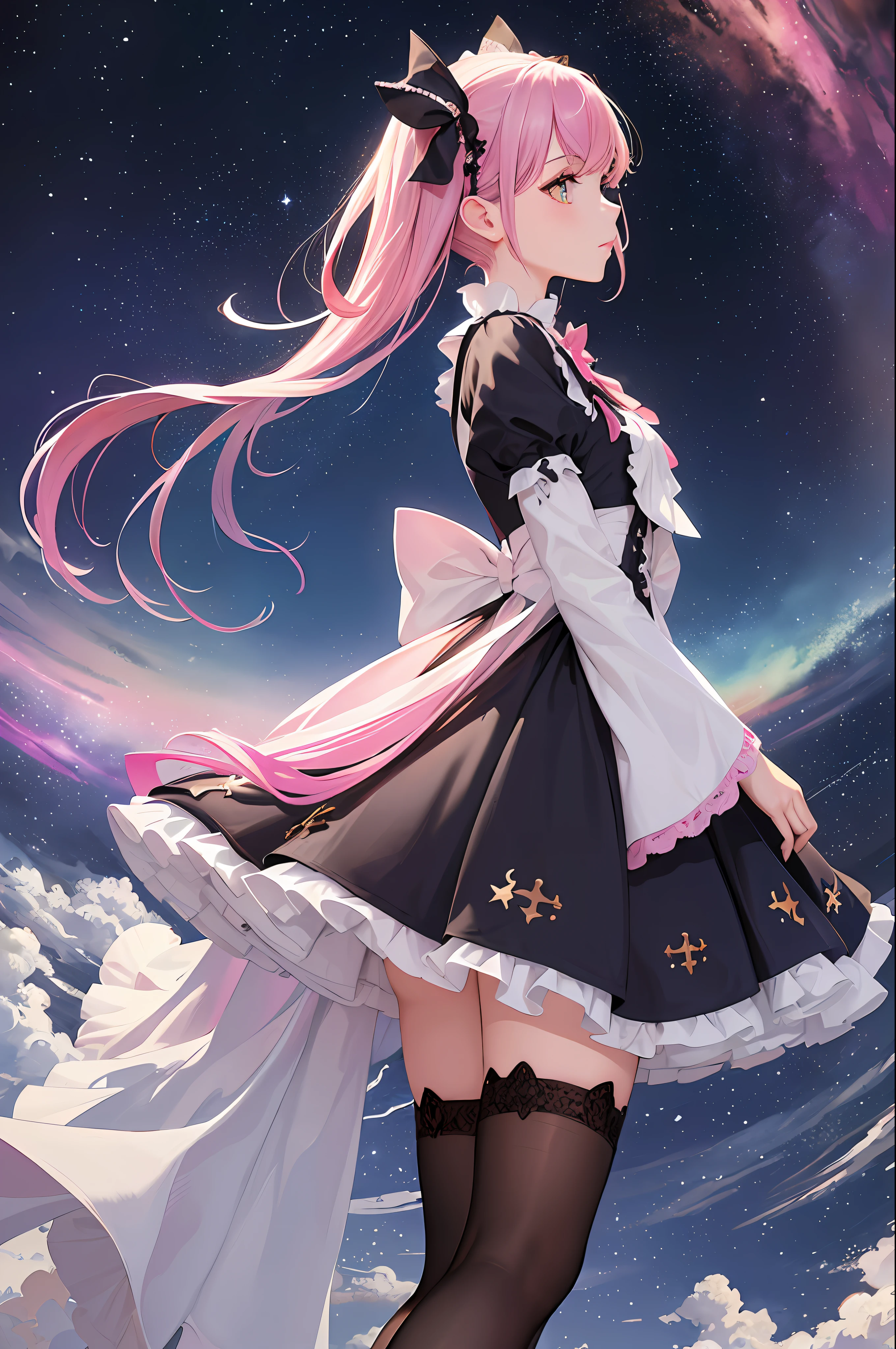 (Masterpiece, Top Quality, Best Quality, Watercolor (Medium), Official Art, Beauty and Aesthetics: 1.2), (1girl: 1.3), (Fractal Art: 1.3), Upper Body, Looking from the Side, Looking at the Viewer, Pattern, (Rainbow Hair, Colored Hair, Pink Gradient Hair: 1.2), Water, Liquid, Clouds, Colorful, Starry, Stars, Full Body, Stockings, ta Shoes (Cross Laces), Bow Clips;