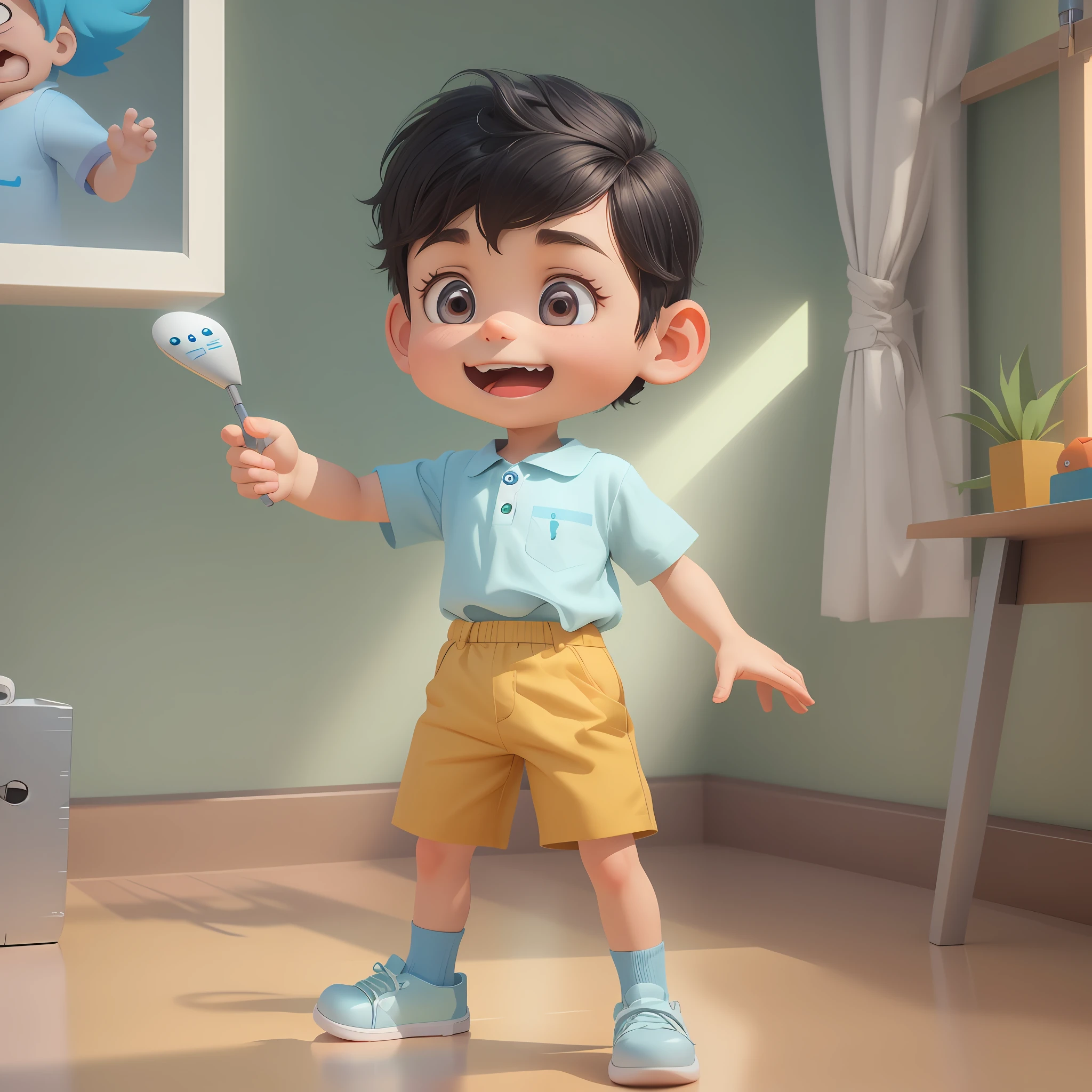 A boy in room cartoon character measuring height, cute 3d render, pixar renderer render, cartoon render keyboard, animated character, cute digital painting, render in renderer, 3d character, 3d character, render in v-ray, as pixar character, animation style rendering, pixar cute character design, 3D CARTOON